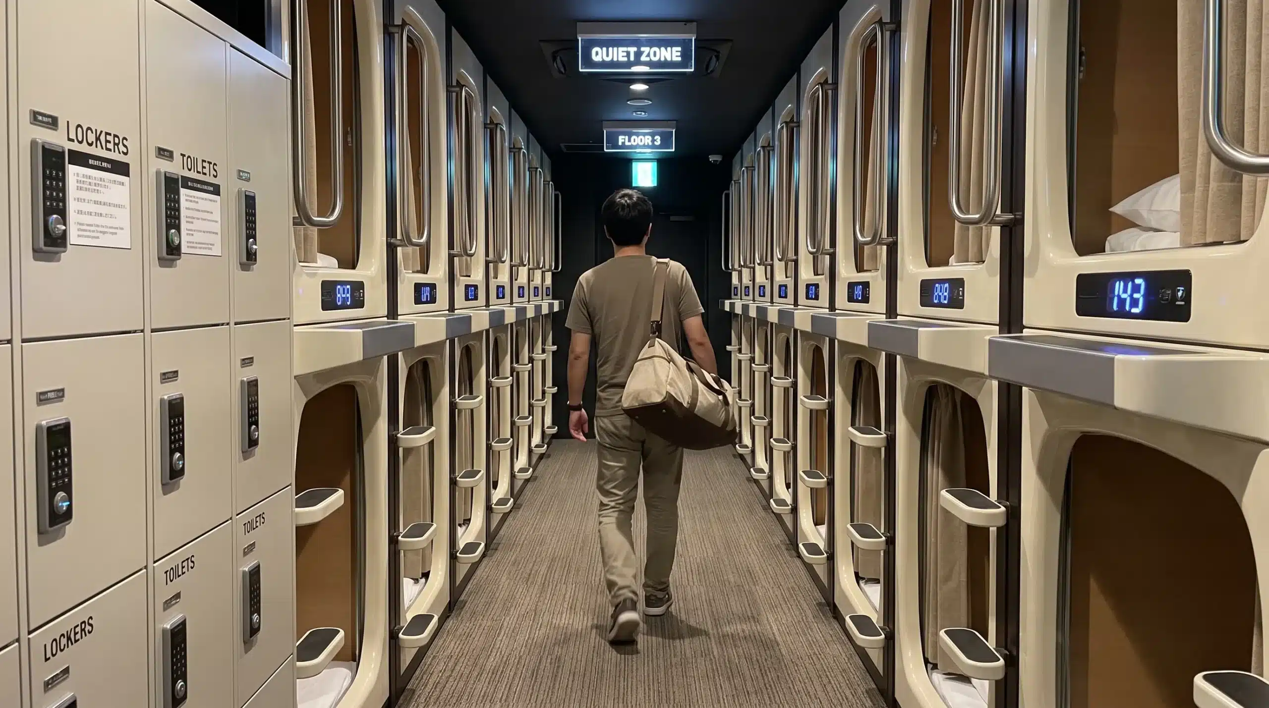 A capsule hotel corridor in Japan with sleeping pods, lockers and a traveller carrying a light overnight bag.