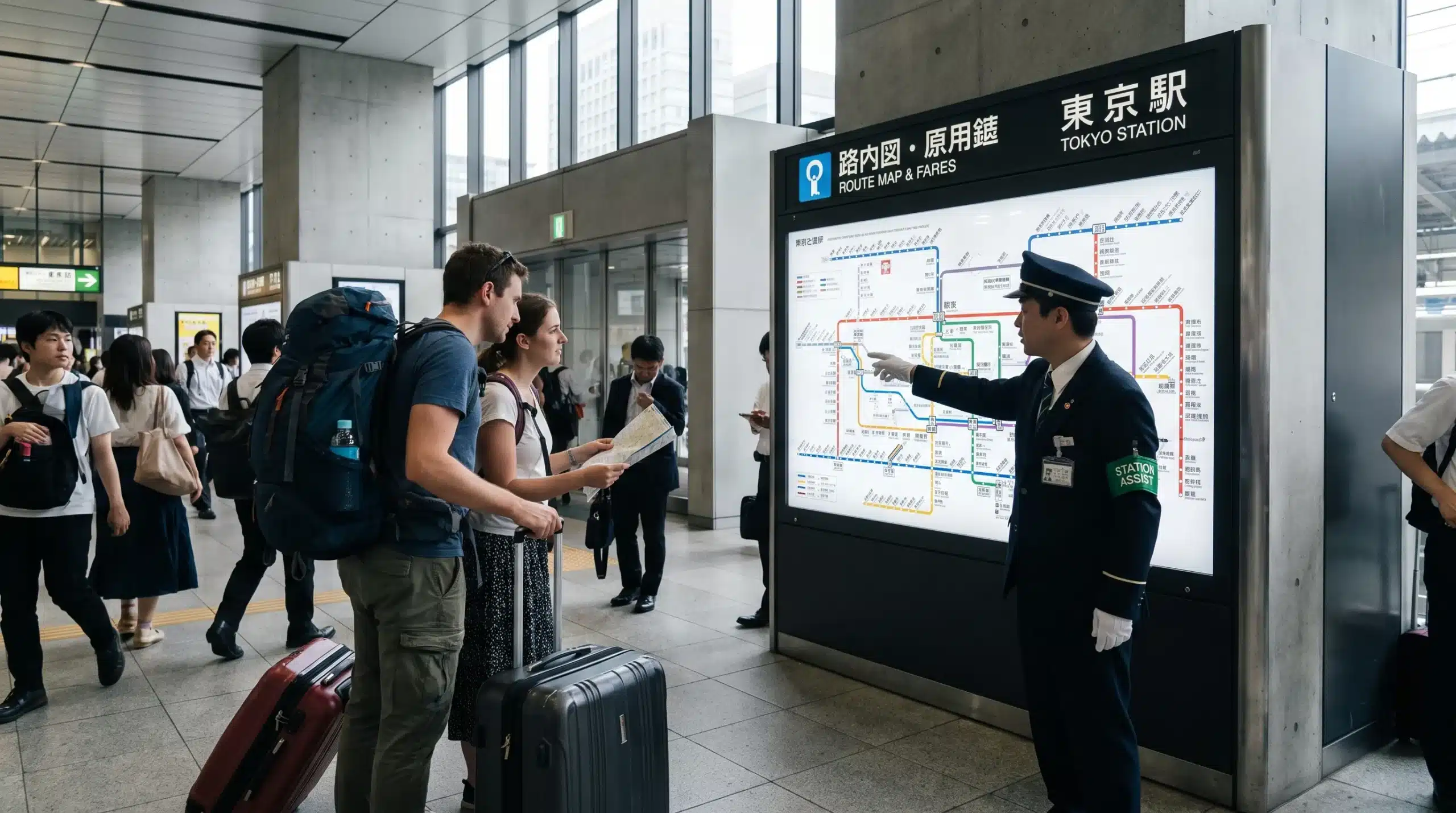 A helper stands with travellers and luggage in a Japanese railway station while they check the route board.