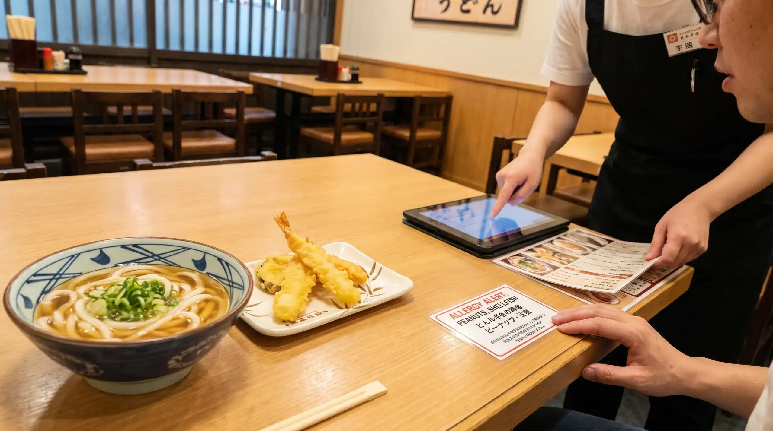 A Japanese allergy card lies beside a simple restaurant meal as staff check ingredients at the table.