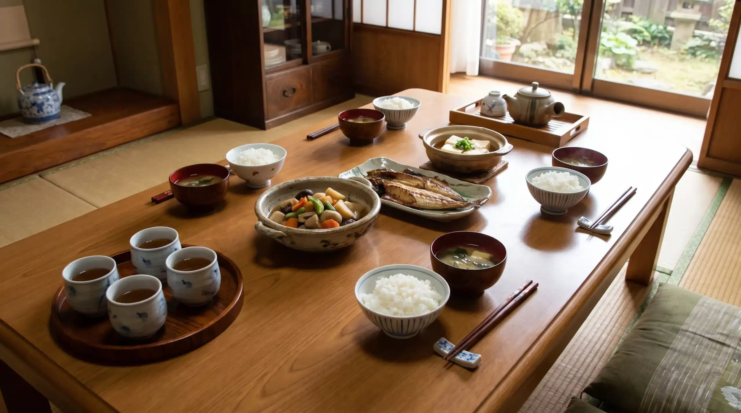 A Japanese home dining table with shared dishes, rice bowls, chopsticks and tea set out for a private meal.