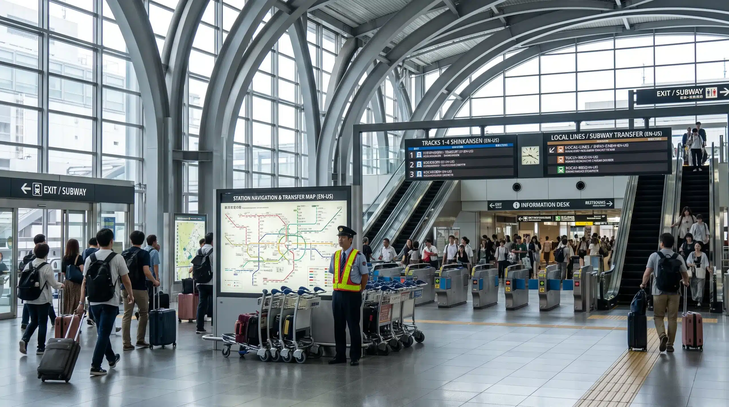 A railway station concourse in Japan with a helper and travellers checking directions beside luggage carts.