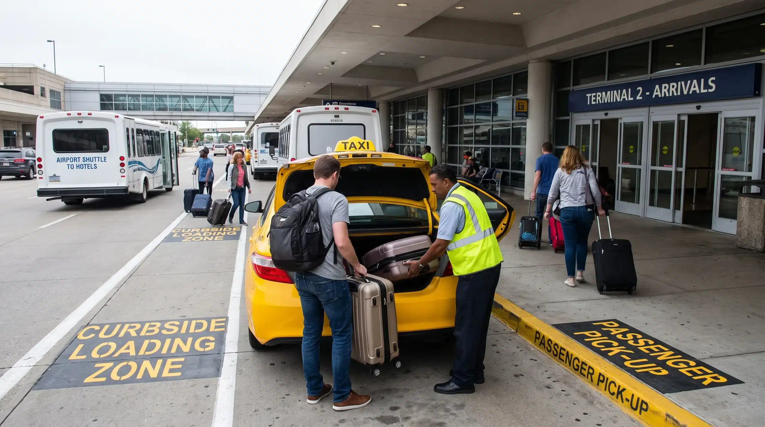 A traveler and local helper load luggage at airport curbside before heading to the hotel.