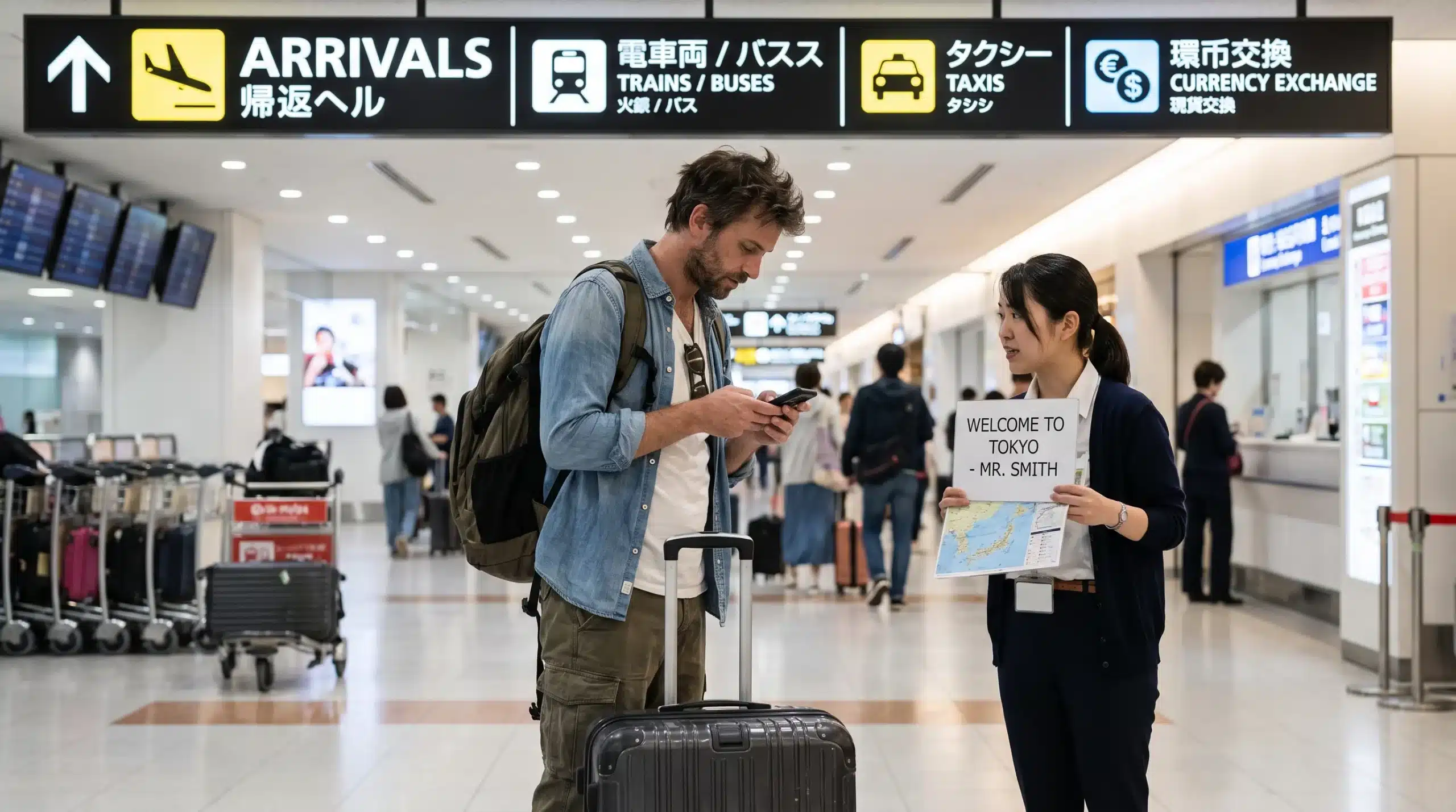A traveler and local helper stand in a Japanese airport arrivals hall beside luggage and transport signs.