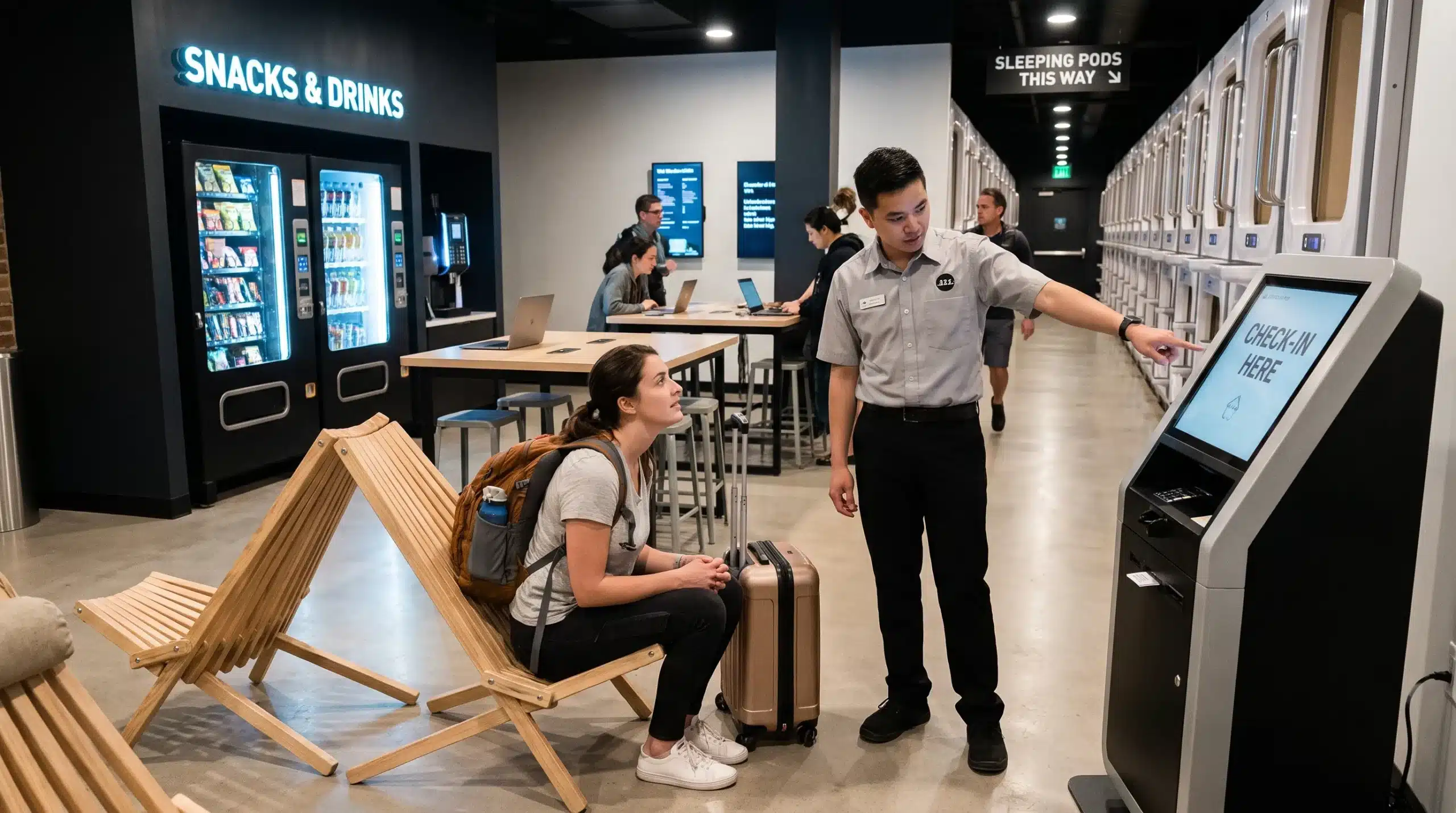 A traveller and staff member in a capsule hotel lounge near the check-in counter and shared seating.