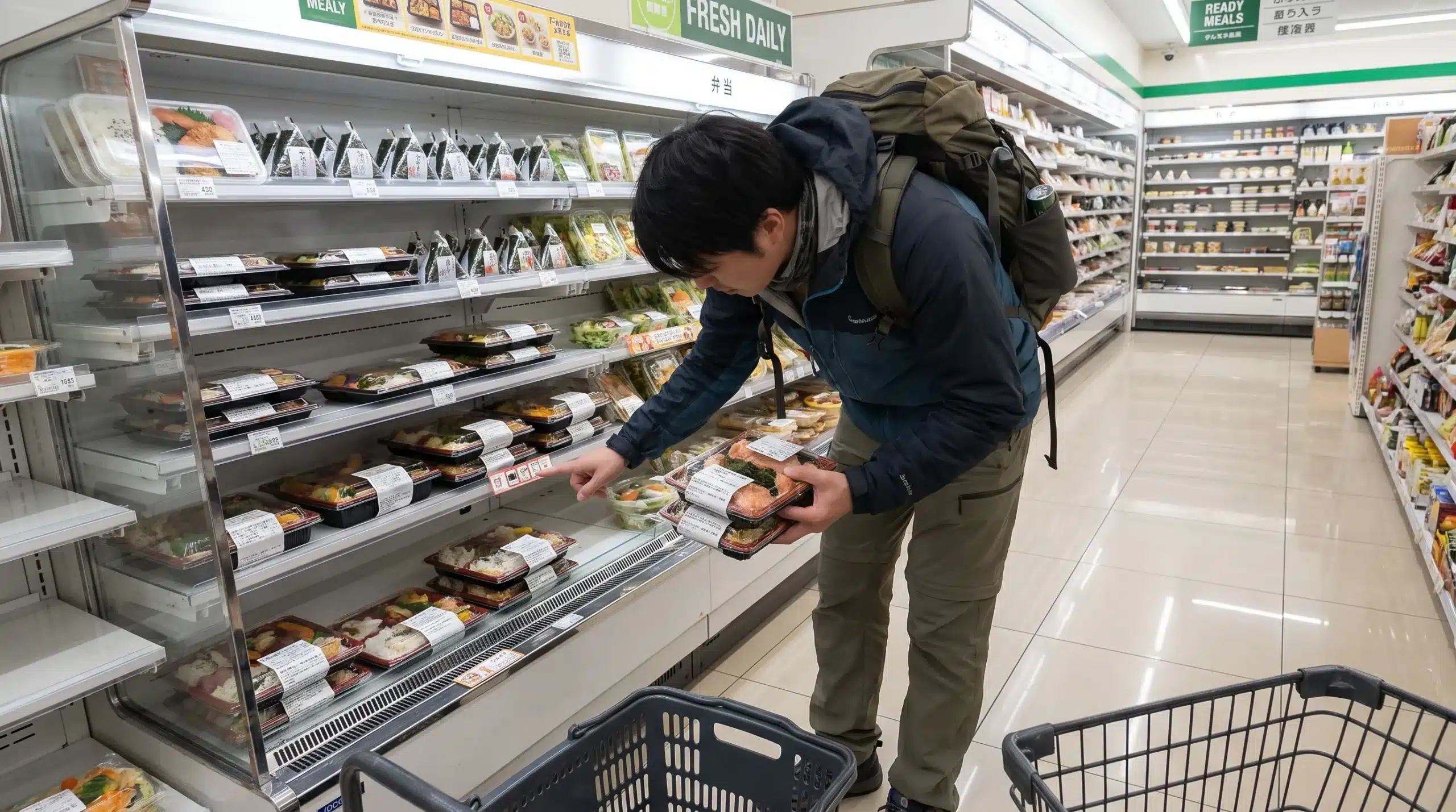 A traveller checks packaged food labels in a Japanese convenience store for allergy information.