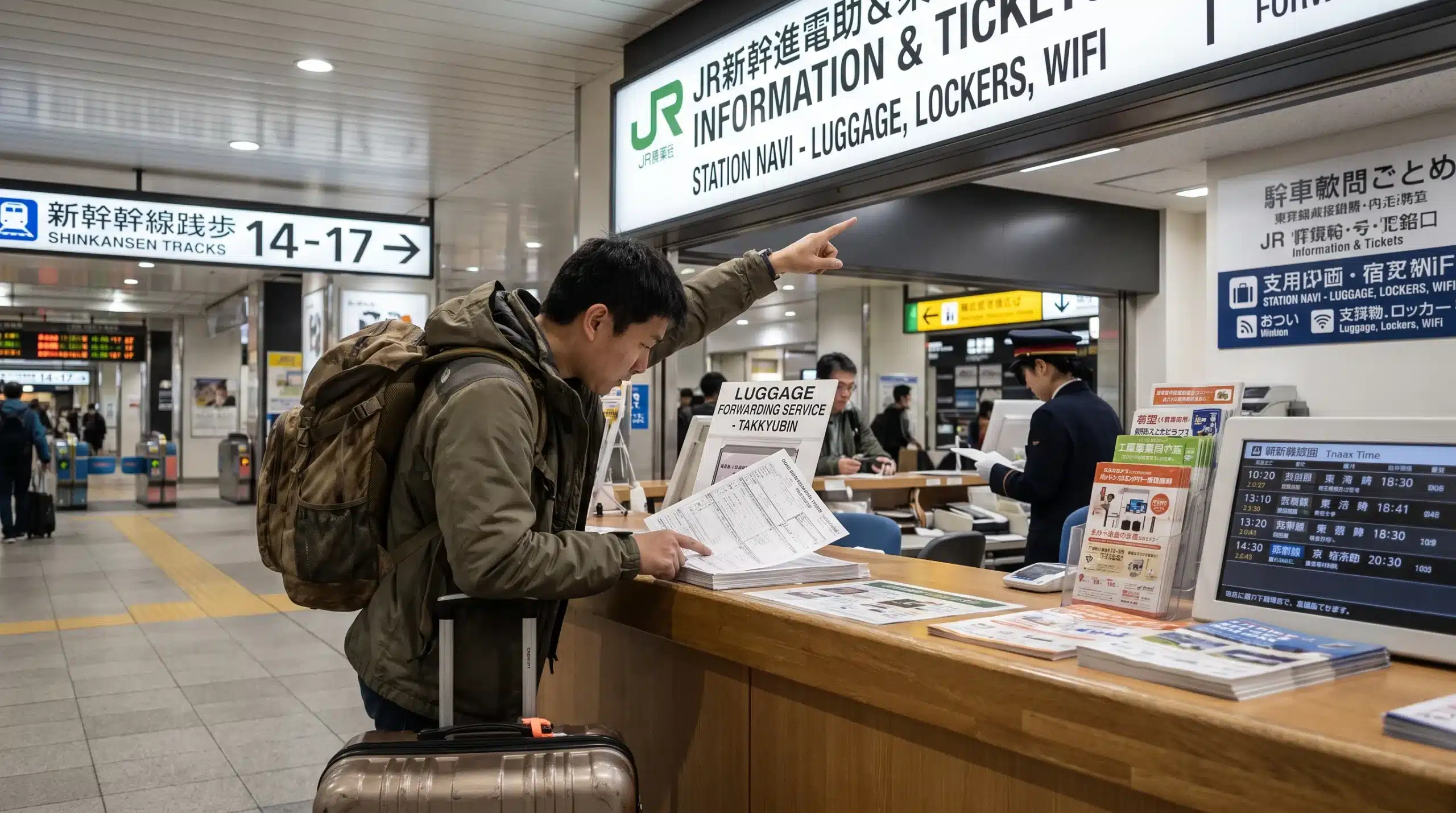 A traveller checks station signs and luggage forwarding forms beside suitcases at a station information counter in Japan.