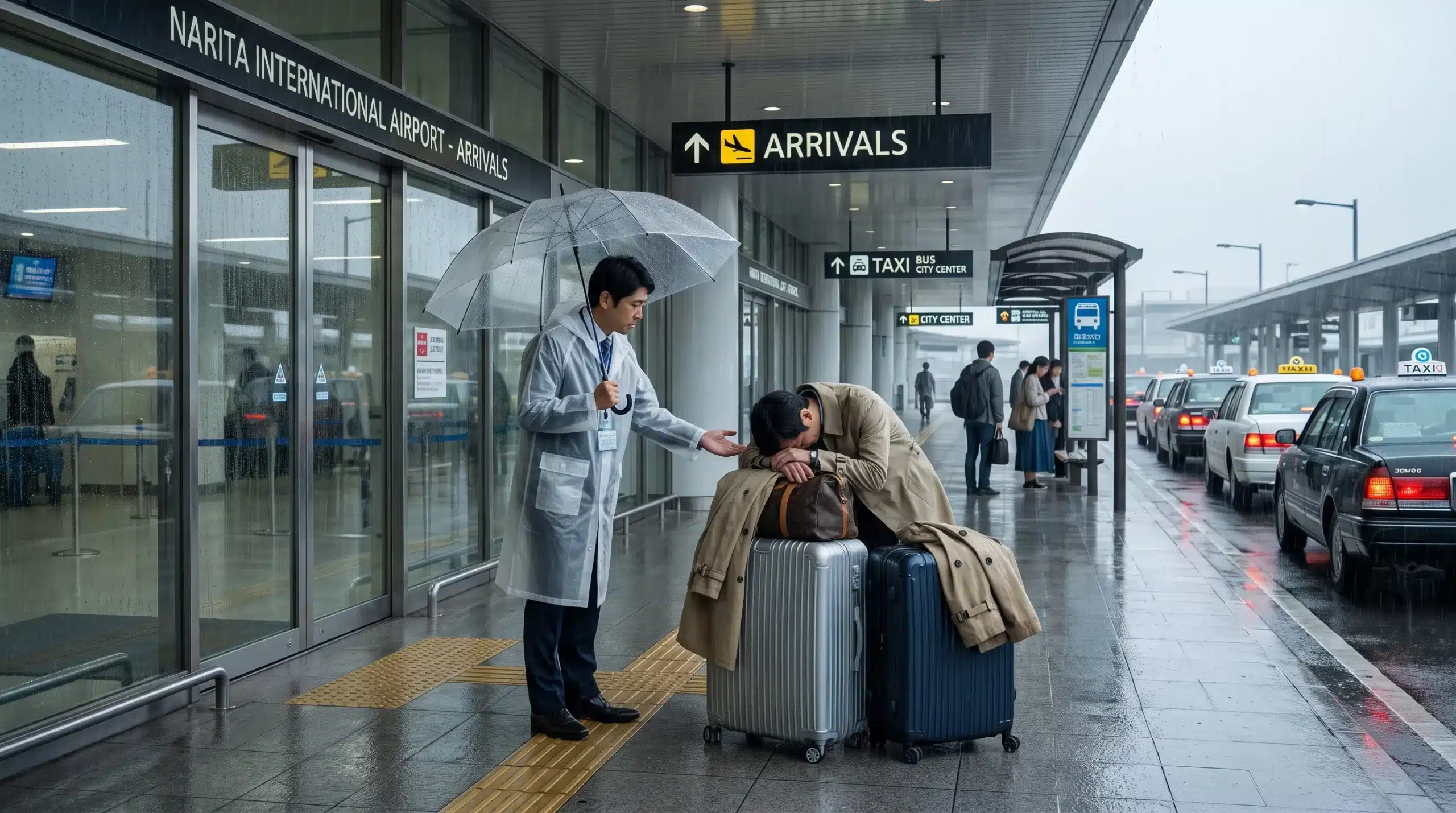 A traveller meets a local helper outside a Japanese airport with suitcases and taxi rank signs nearby.
