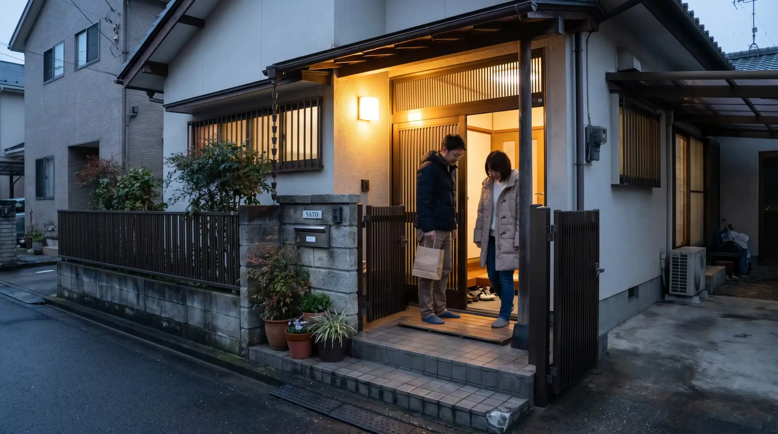 A visitor and helper arrive at a Japanese home with a small gift bag before entering for a meal.