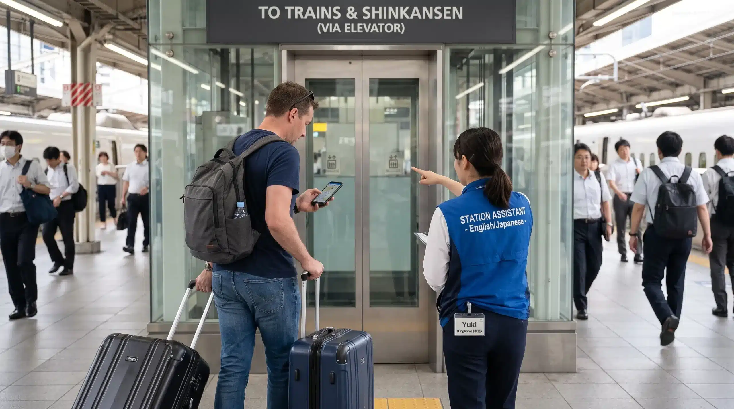A bilingual helper walks beside an adult traveller with suitcases toward a station lift, providing practical support with a transport connection in Japan.