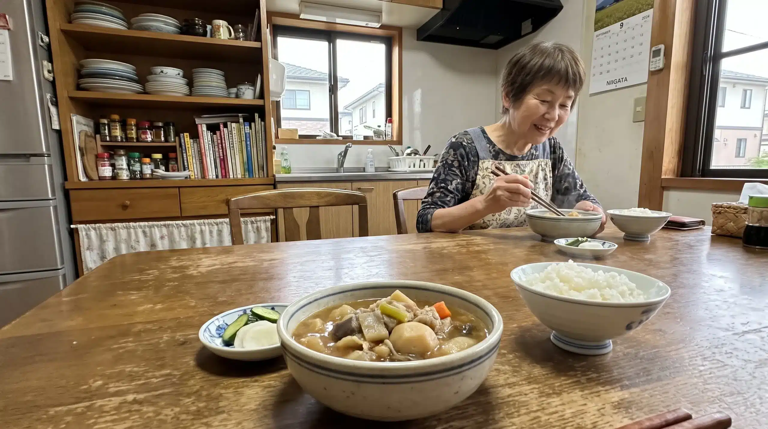 A bowl of Niigata noppe with rice and pickles is served for a home meal.