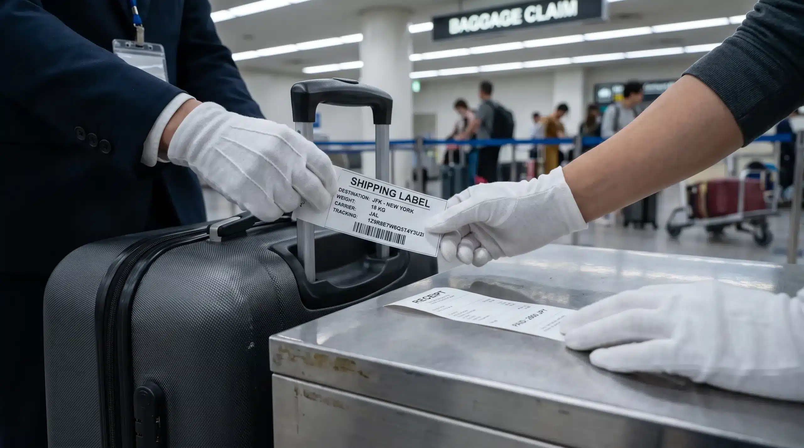 A checked shipping label is attached to a suitcase at an airport counter before the bag is forwarded to a hotel.
