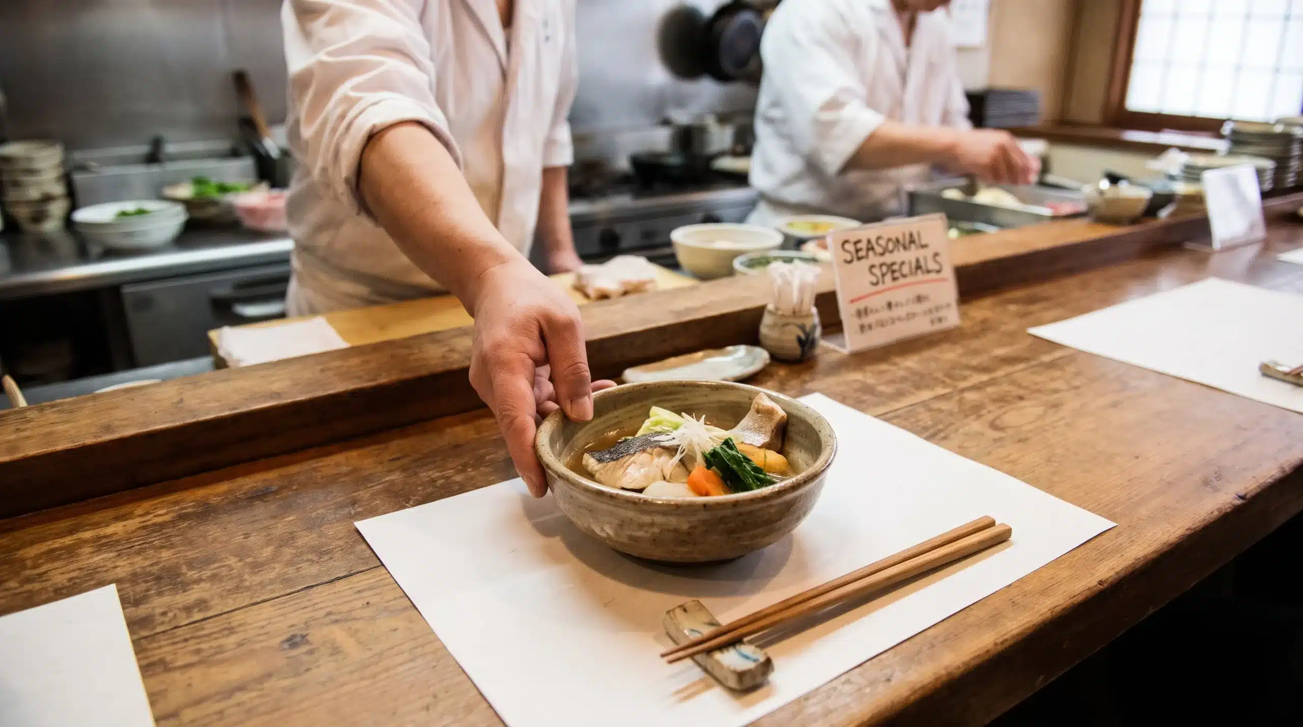 A chef serves a seasonal dish in a ceramic bowl at a small Japanese counter restaurant.