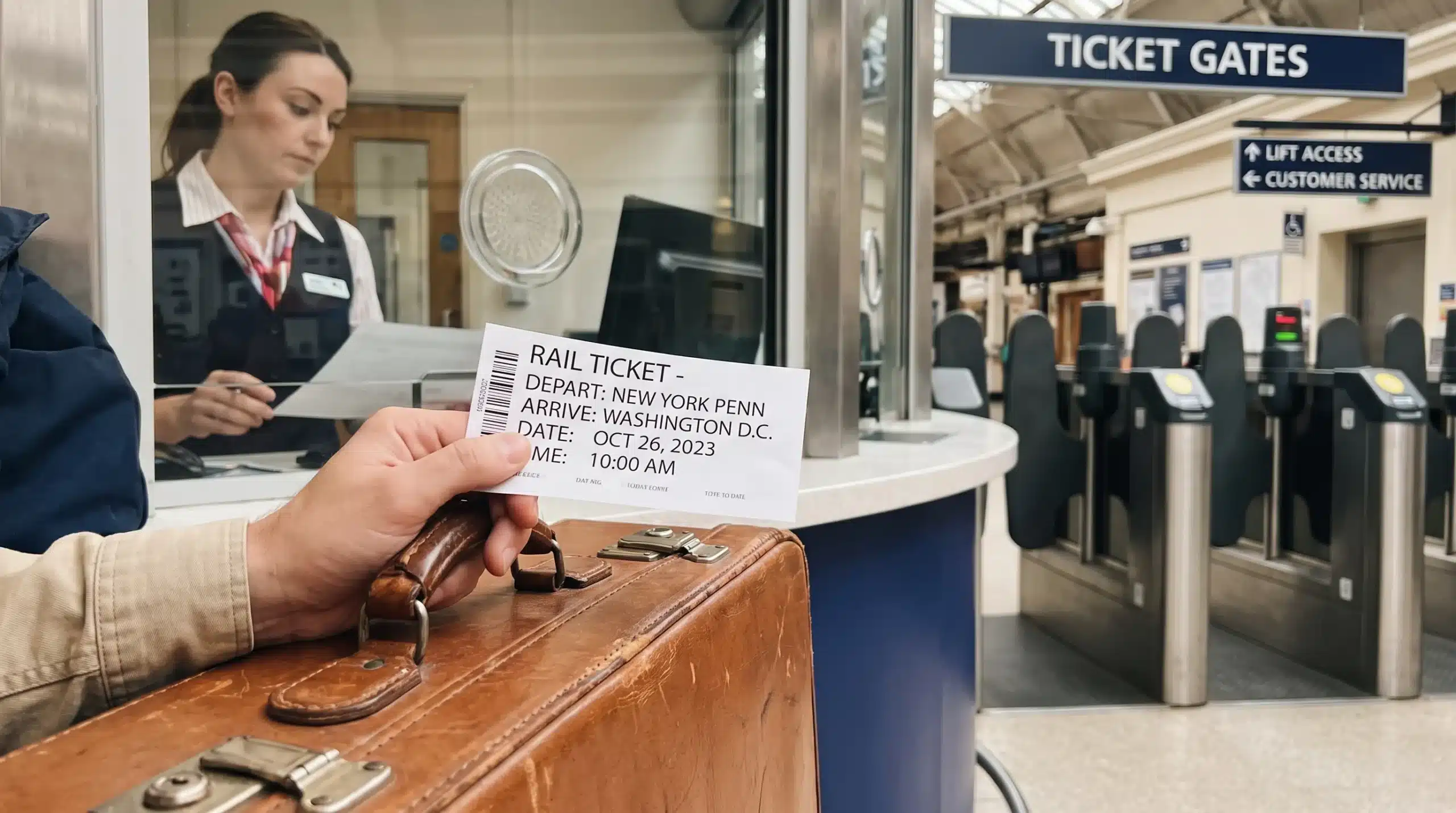 A close view of a printed rail ticket and suitcase handle at a staffed station counter, with ticket gates and lift signs nearby as the traveller asks for assistance.