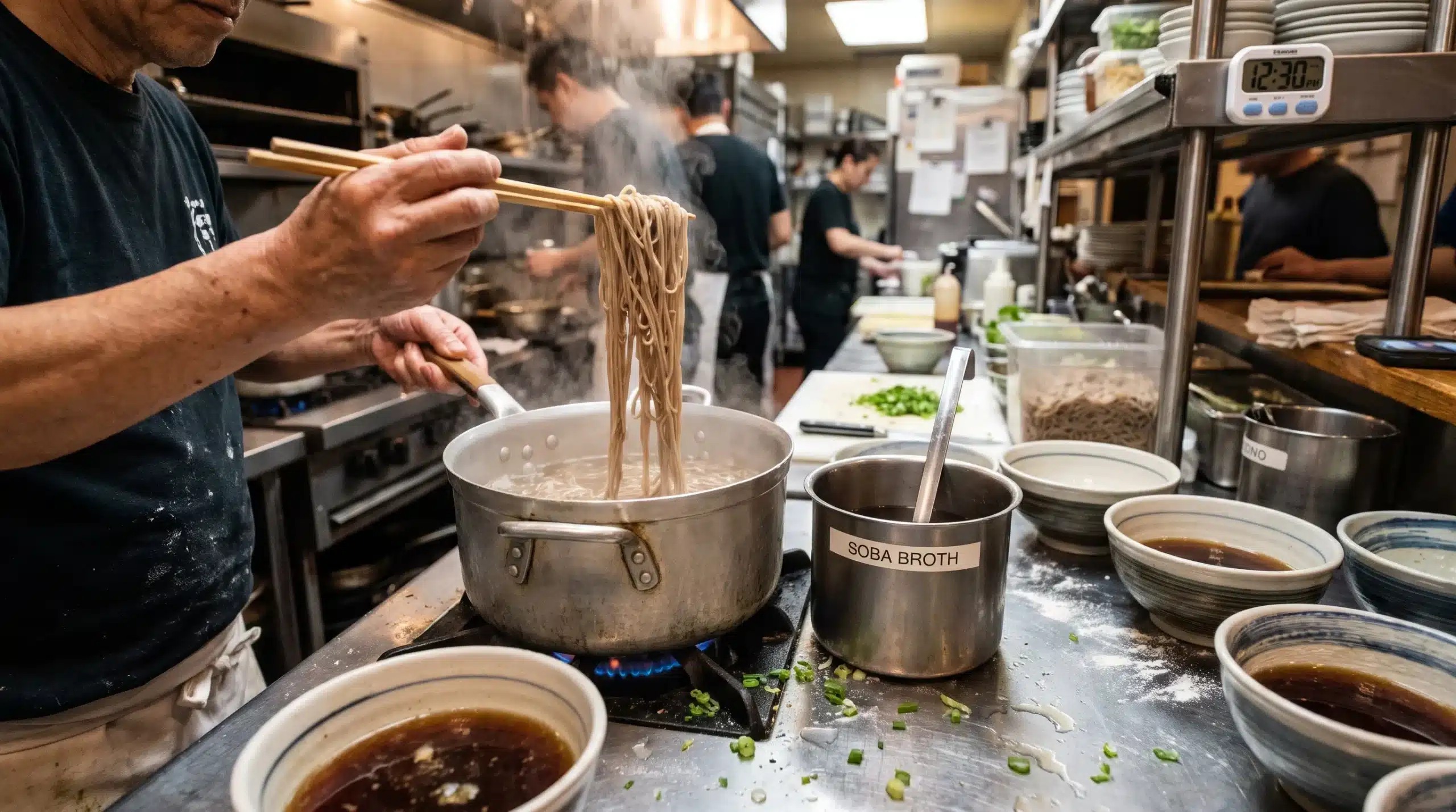 A cook checks soba noodles beside a pot of broth in a Japanese restaurant kitchen, where preparation details matter for dietary needs.