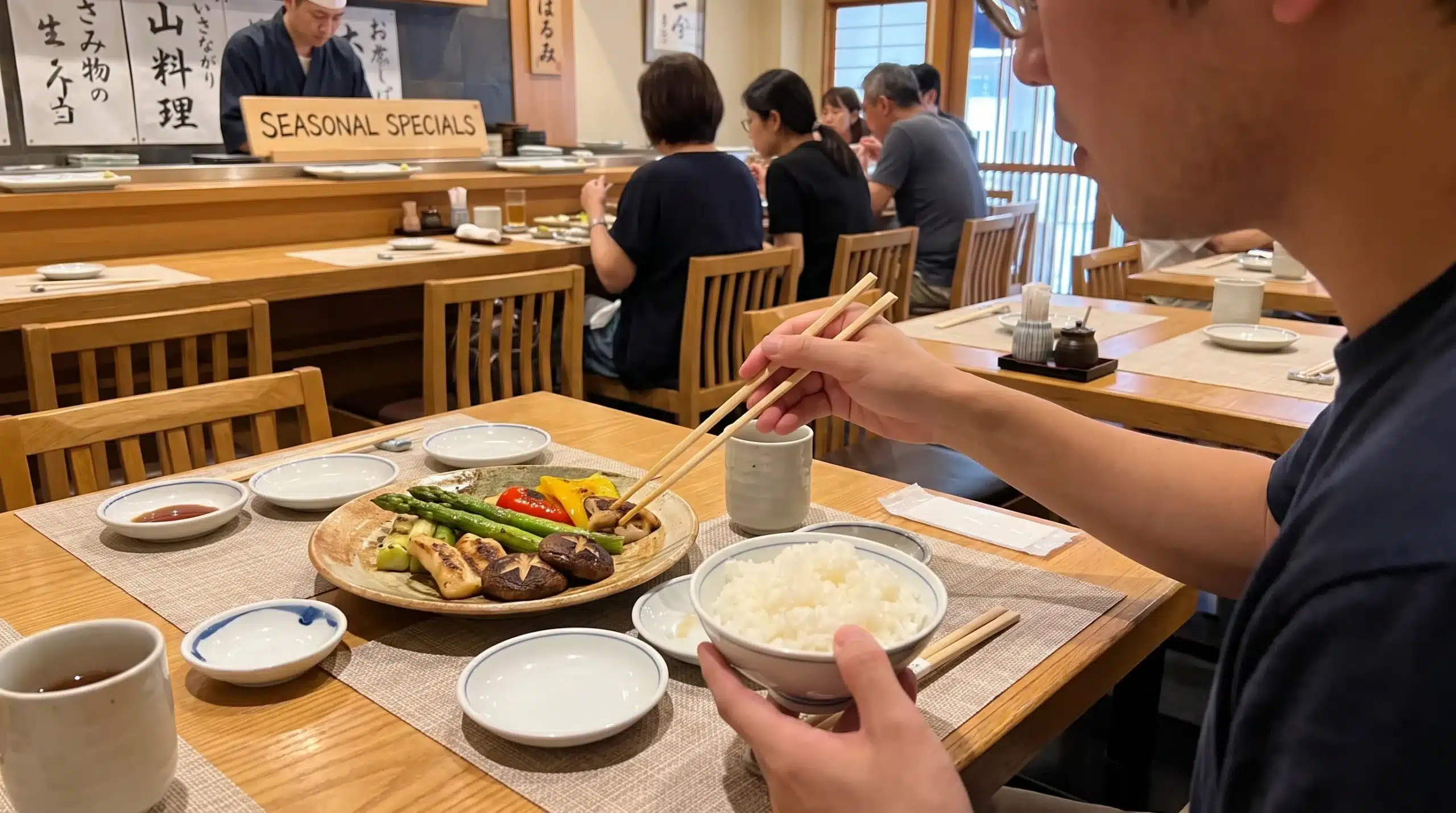A diner checks grilled seasonal vegetables, plain rice and separate sauces while considering authentic local food and dietary requirements.