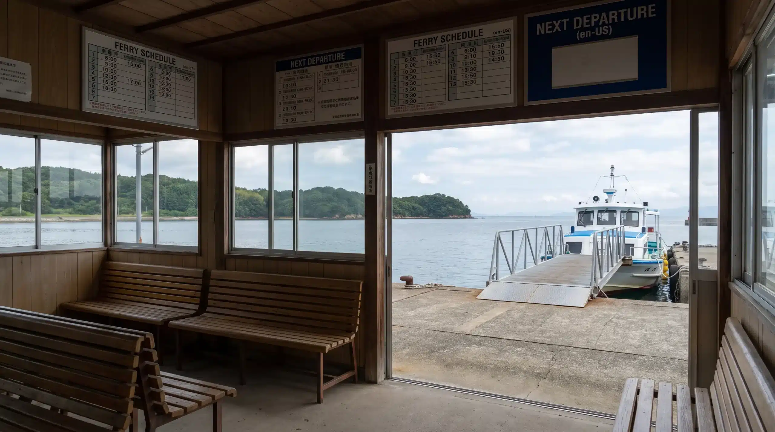 A ferry waits at a small Japanese island pier, where onward connections and arrival arrangements can require advance planning.