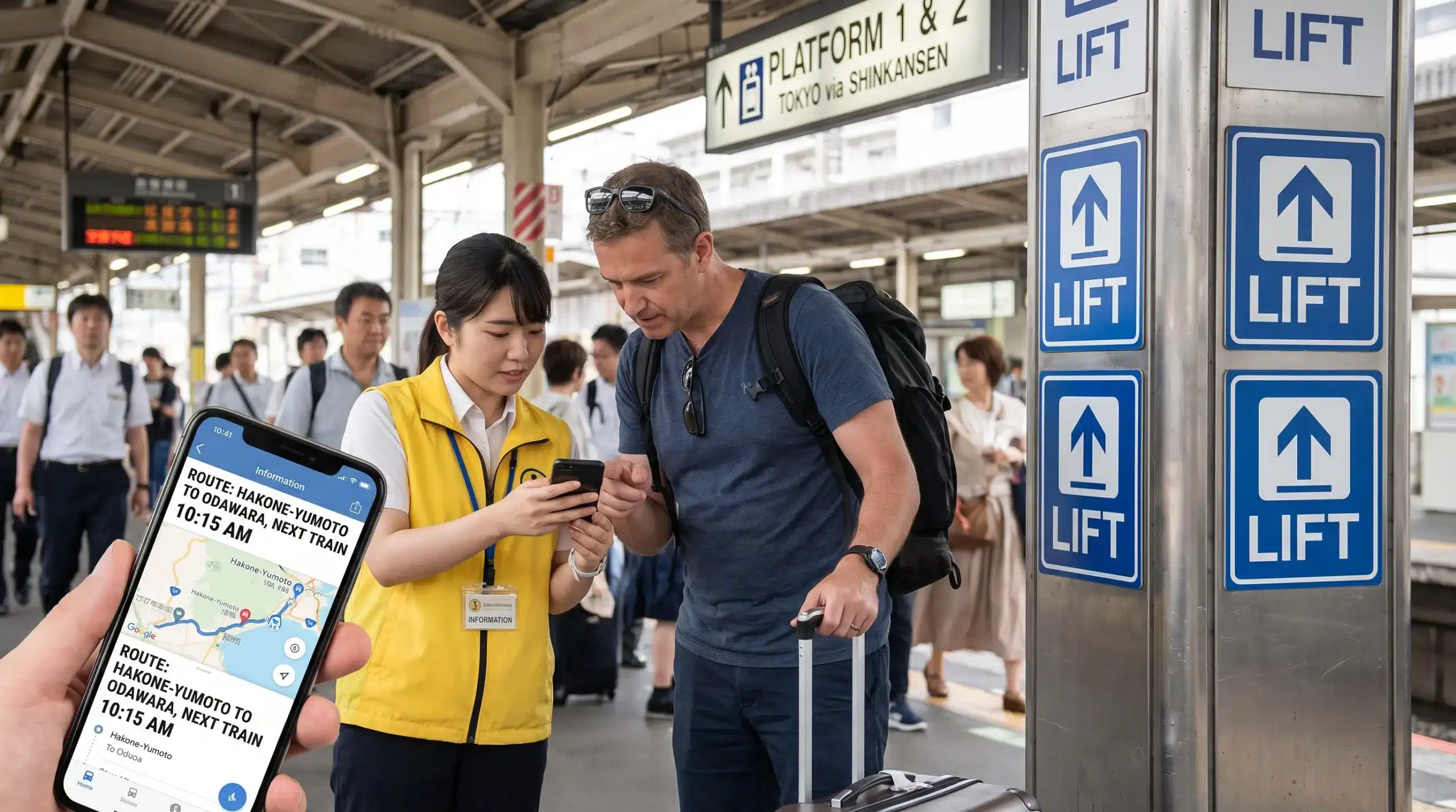 A helper and an adult visitor review a station route on a phone beside their luggage, with lift signs nearby in a regional Japanese railway station.