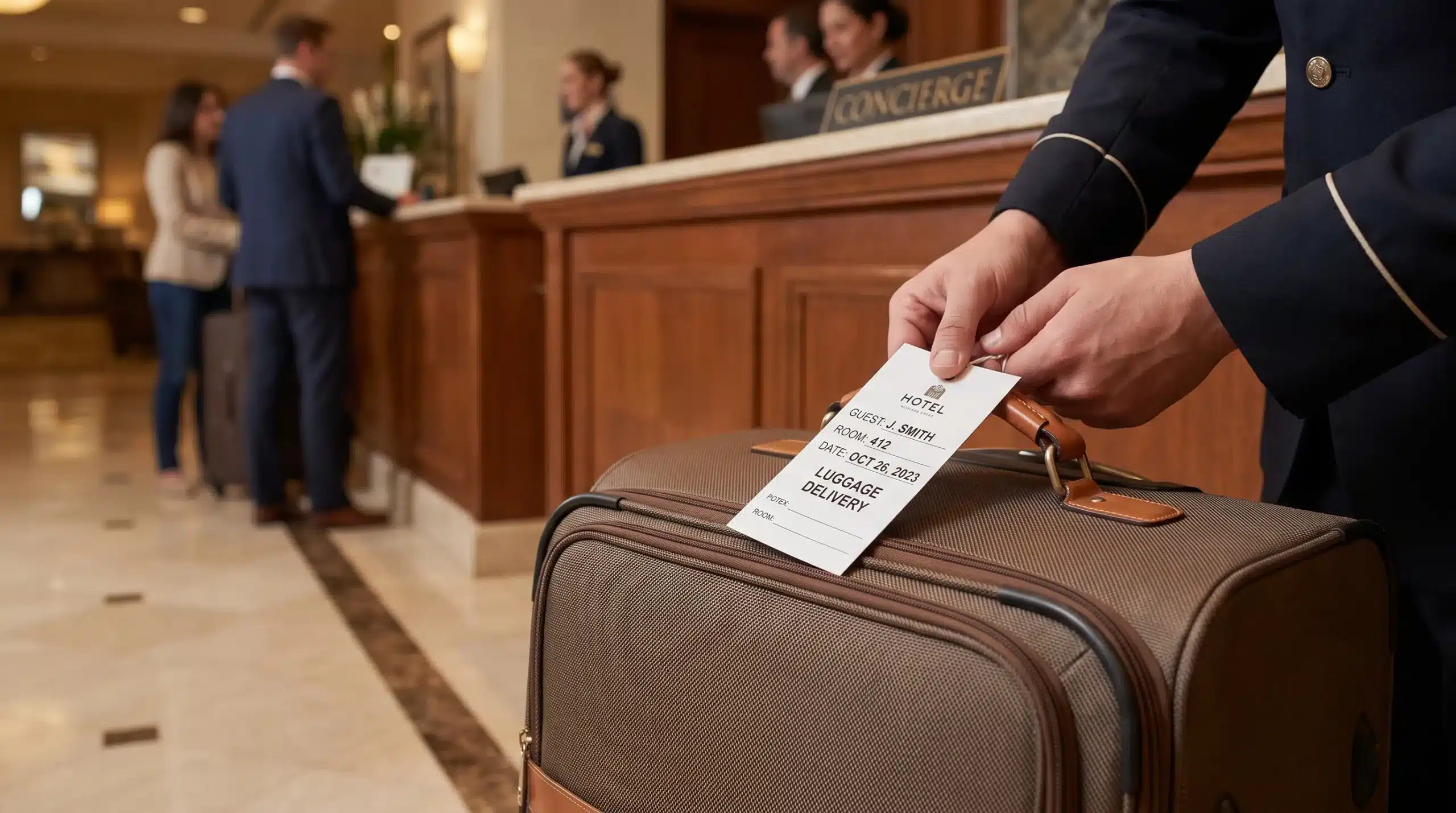 A hotel staff member attaches a delivery label to a suitcase before arranging luggage forwarding between hotels in Japan.