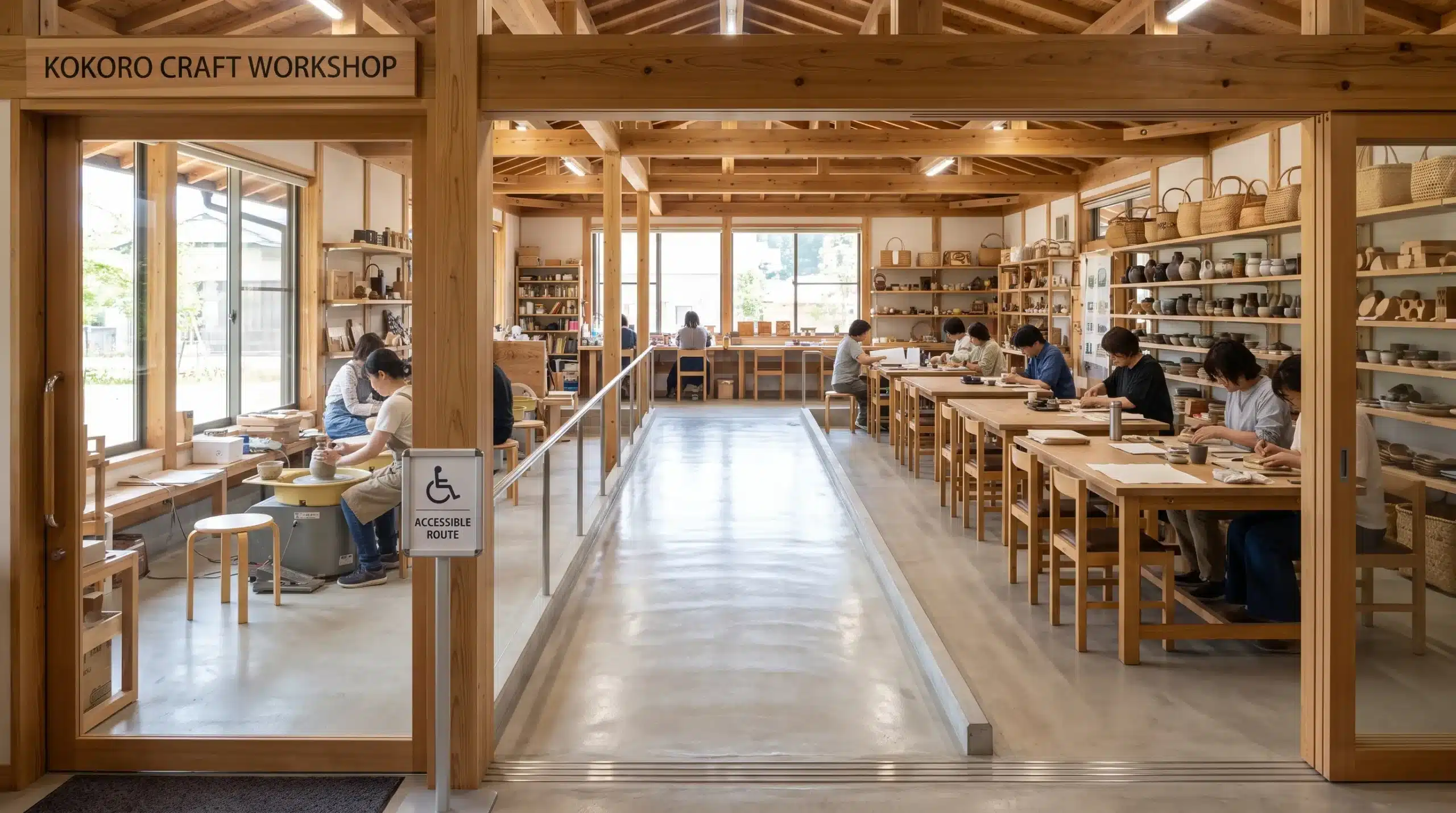 A Japanese pottery workshop has spaced worktables, chairs and a clear route through the room for planning an accessible experience.
