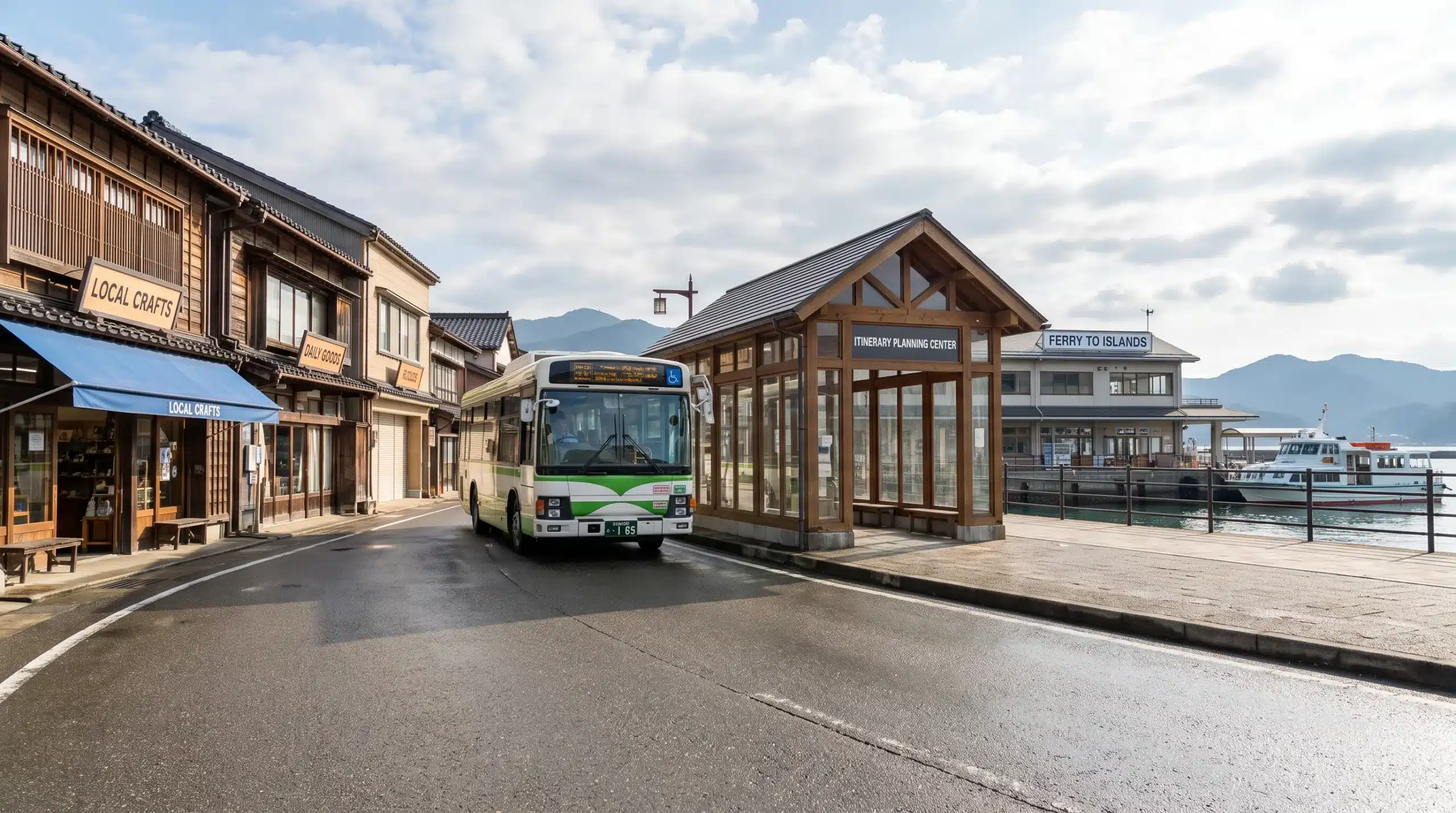 A local bus leaves a regional station near the waterfront, where travellers must plan onward connections into their Japan itinerary.