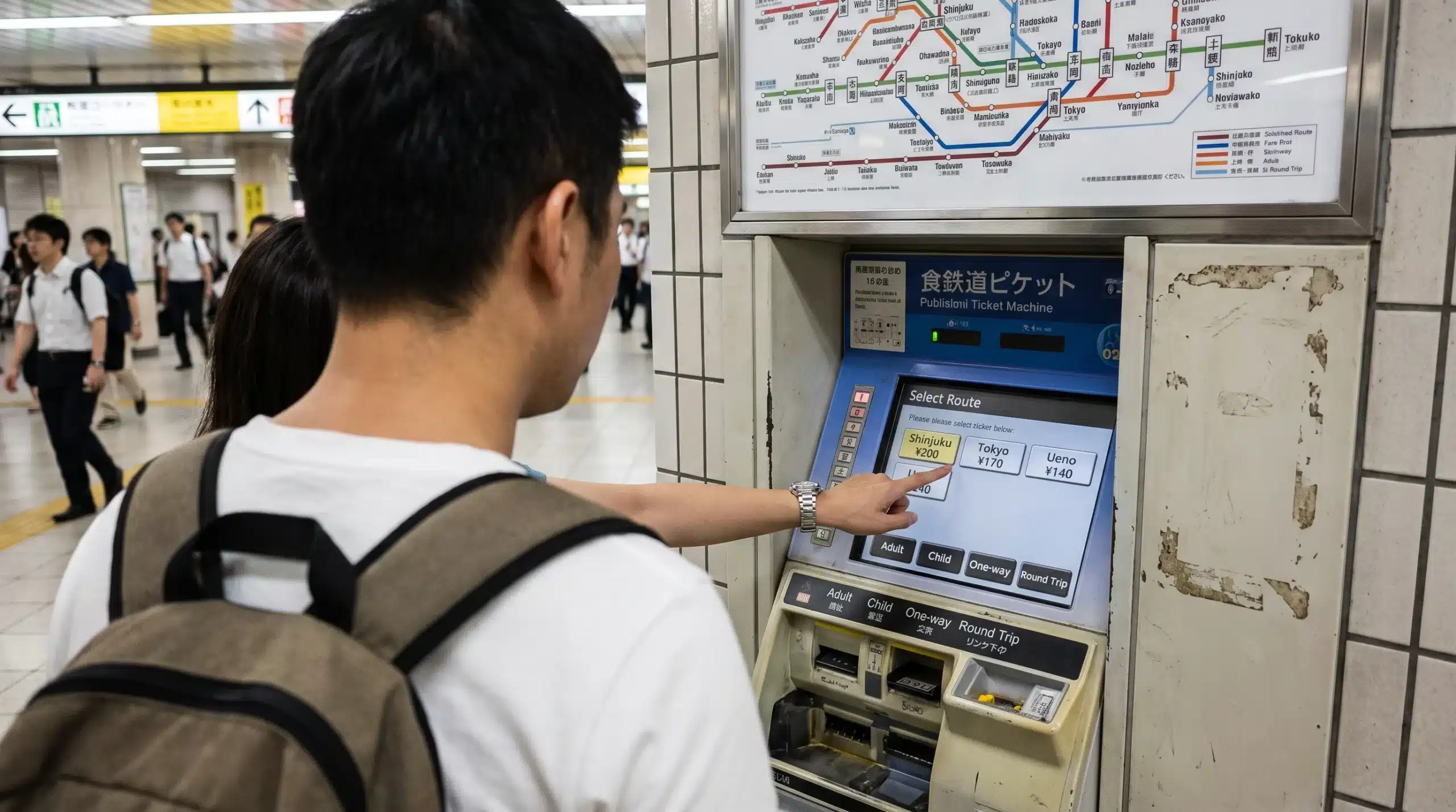 A local helper assists a traveller at a Japanese station ticket machine, making a practical transport task easier to manage.
