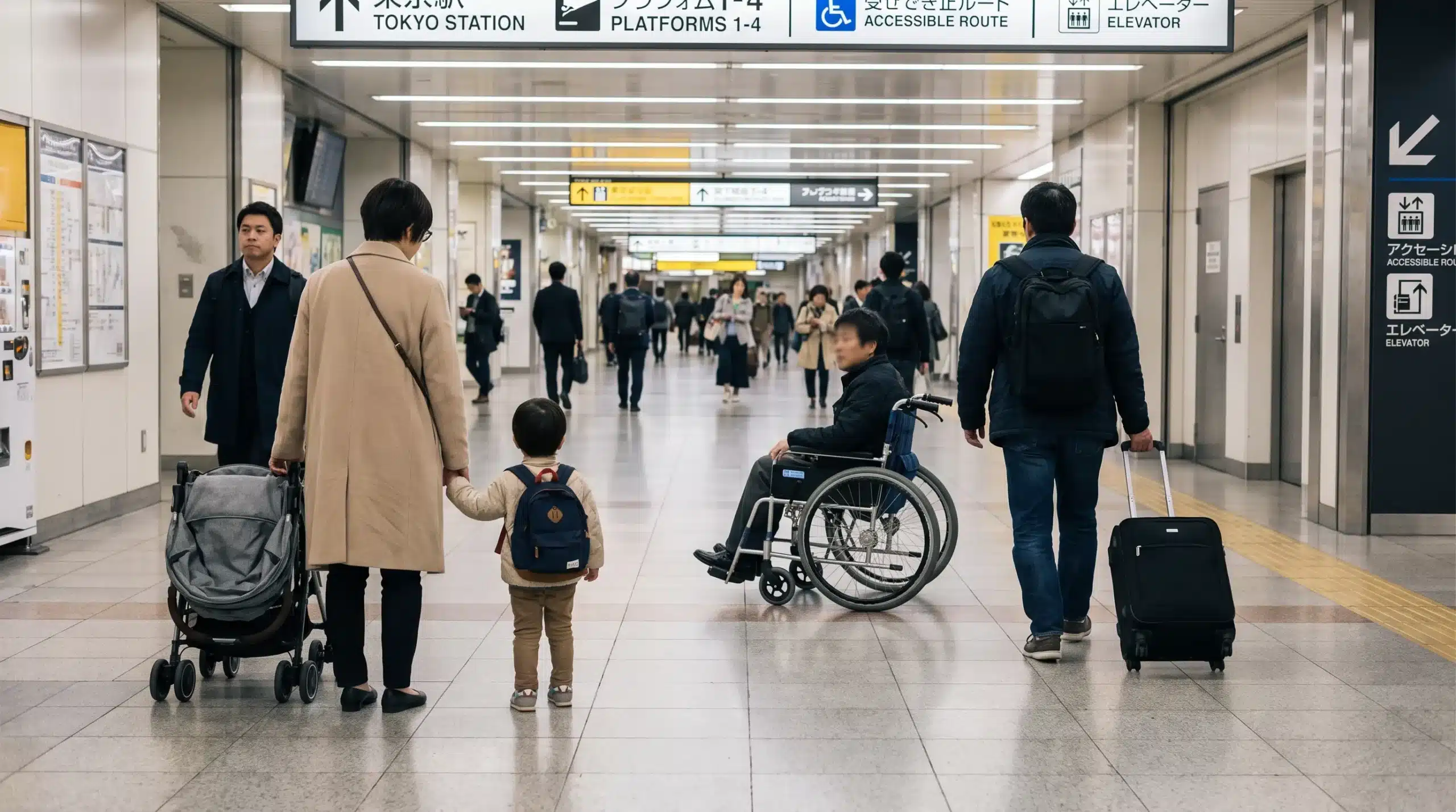 A parent holds a child's hand beside a folded pushchair as a wheelchair user and traveller with a compact suitcase approach a wide station passage in Japan.