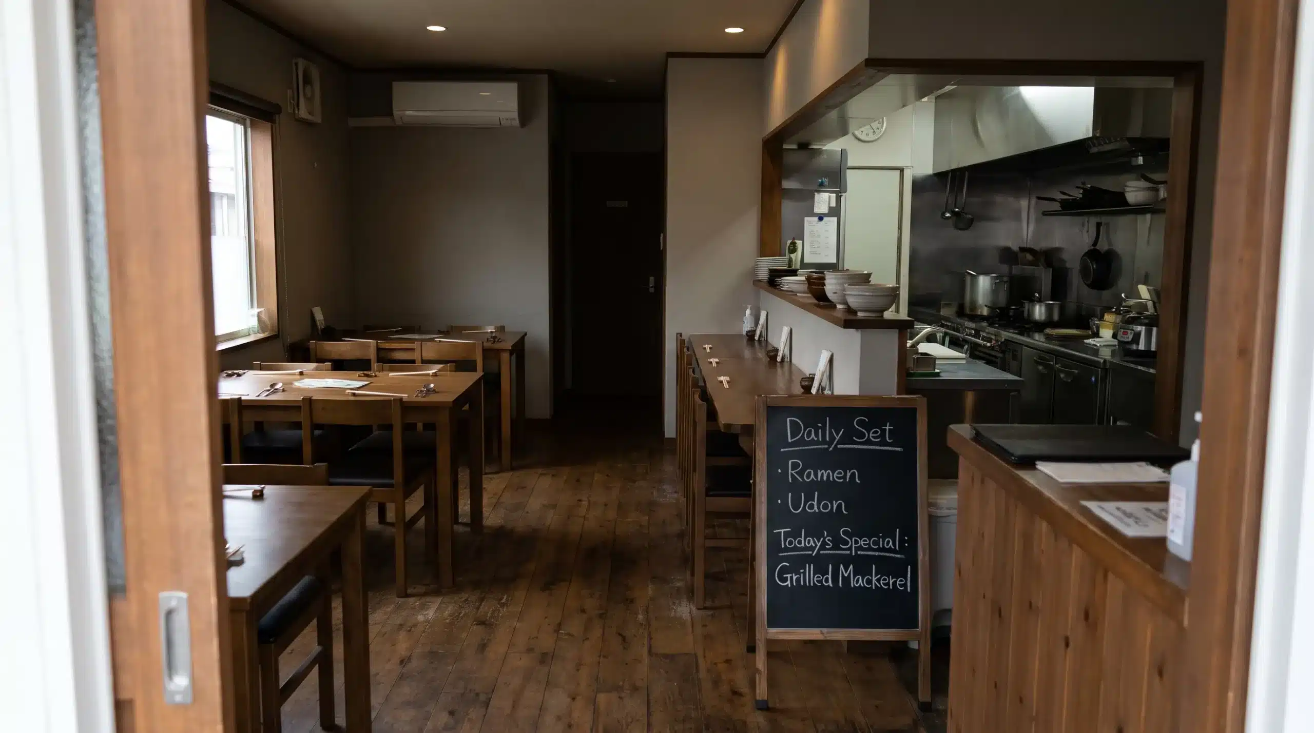 A regional Japanese restaurant has a quiet dining room, a counter beside the open kitchen and a handwritten menu near the entrance.