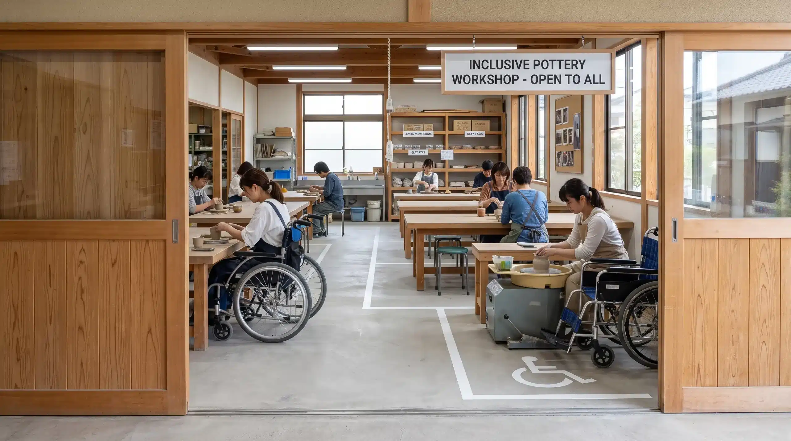 A seated pottery activity is underway at a Japanese workshop, with an unobstructed entrance, clear routes between tables and wheelchair space beside the worktable.
