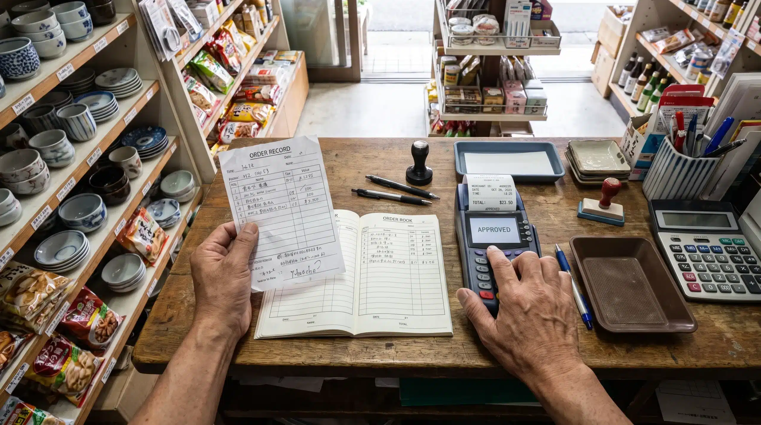 A shopkeeper matches a card terminal receipt with an order record to investigate a payment that lacks confirmation.