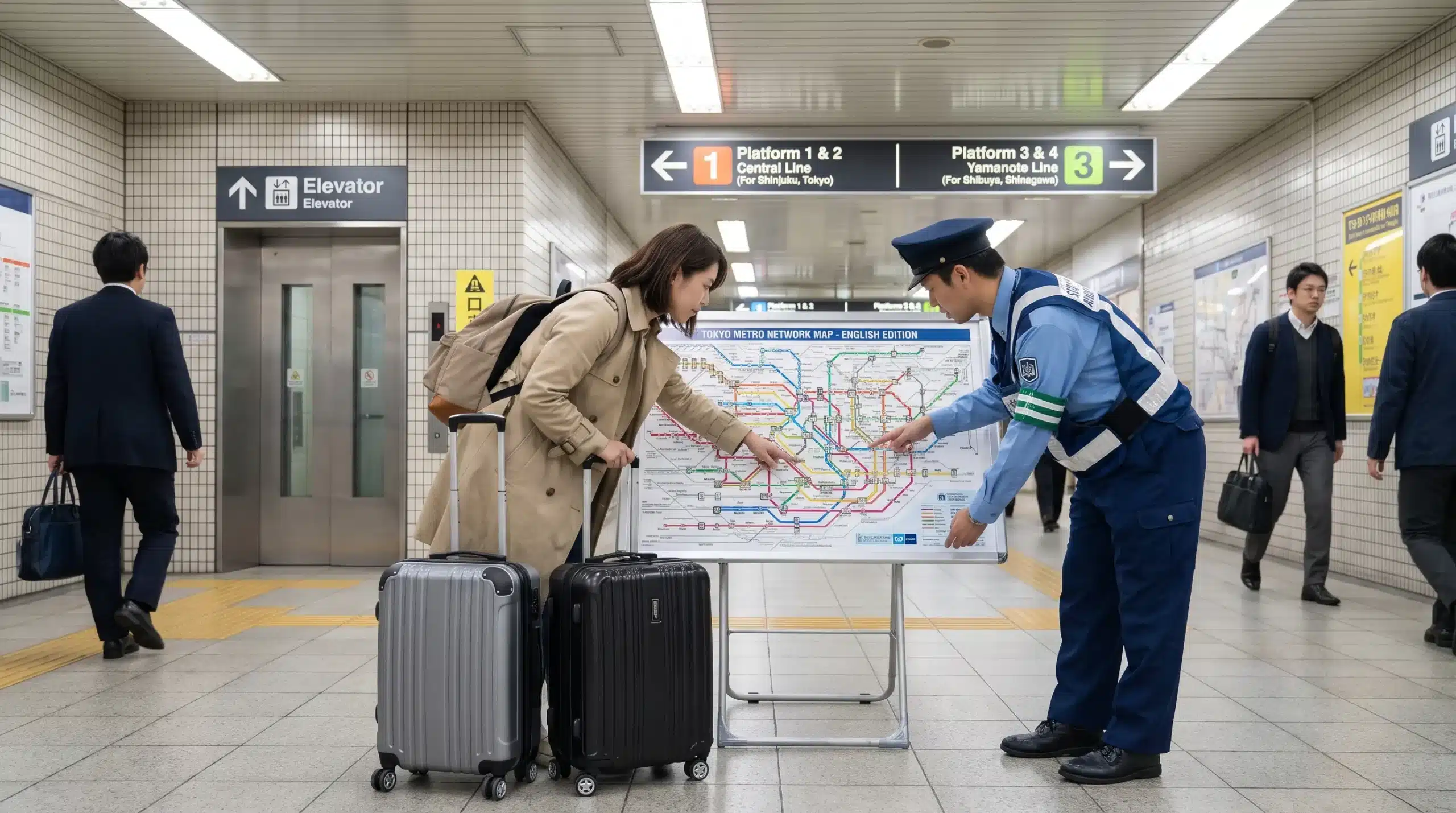 A traveller and bilingual helper review a station route beside luggage and a lift entrance while arranging local help in Japan.