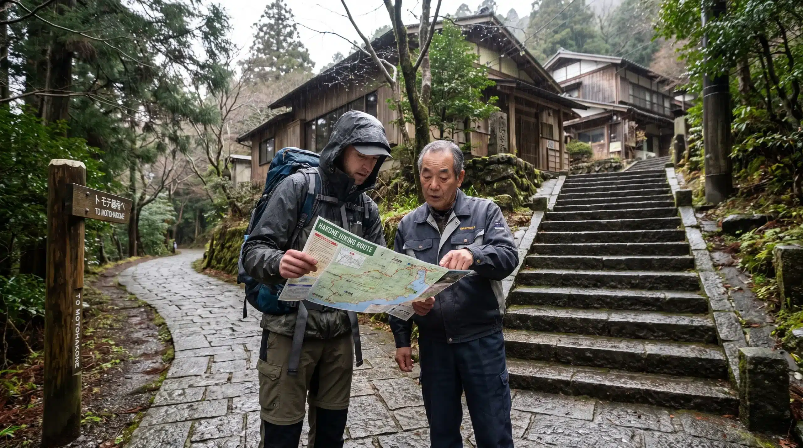 A traveller and local helper compare a printed route at a Hakone path junction, with stone steps rising beside the paved route toward nearby buildings.