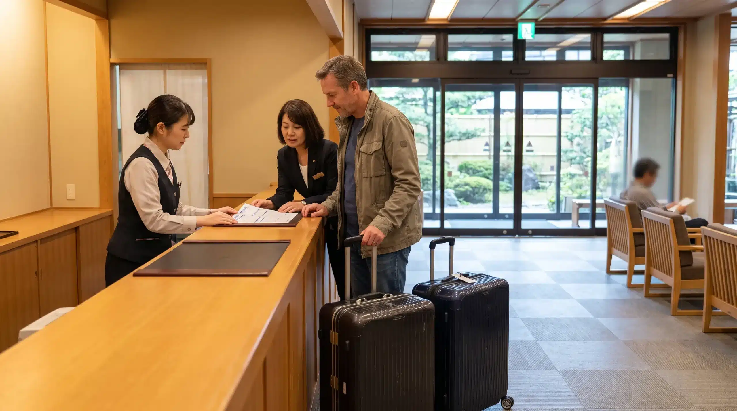 A traveller and local helper confirm a luggage forwarding form with a hotel receptionist beside two suitcases in Japan.