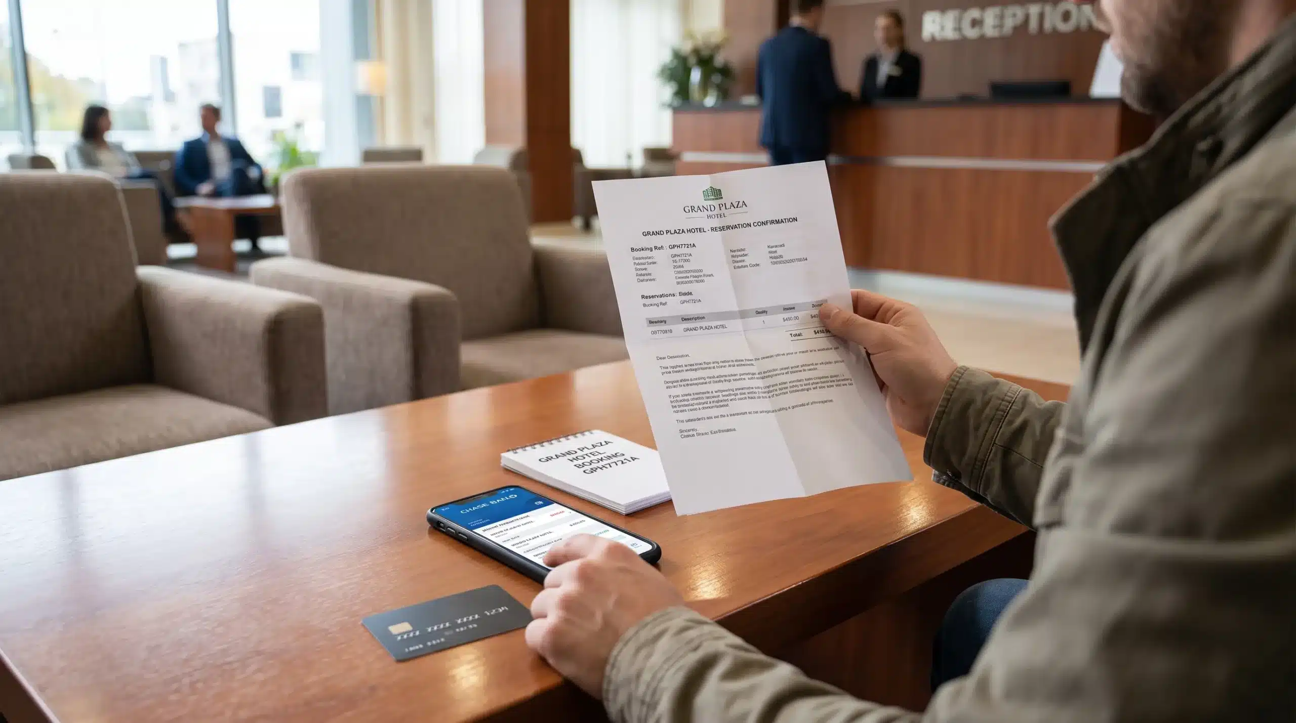 A traveller compares a reservation confirmation with a banking app and notes the booking reference at a hotel lounge table.