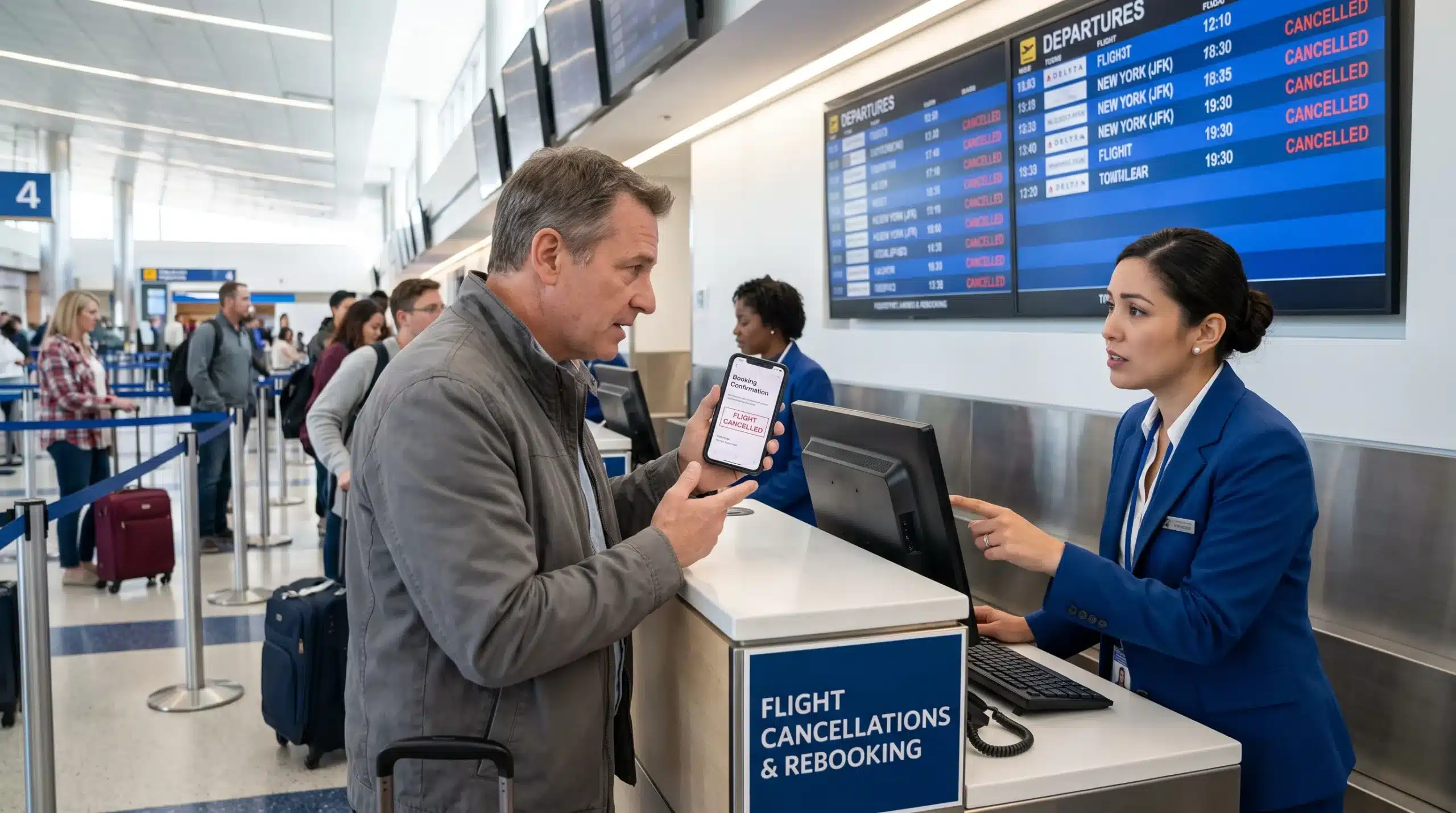 A traveller discusses a cancelled flight with airline staff while checking a booking confirmation and arranging the next step.