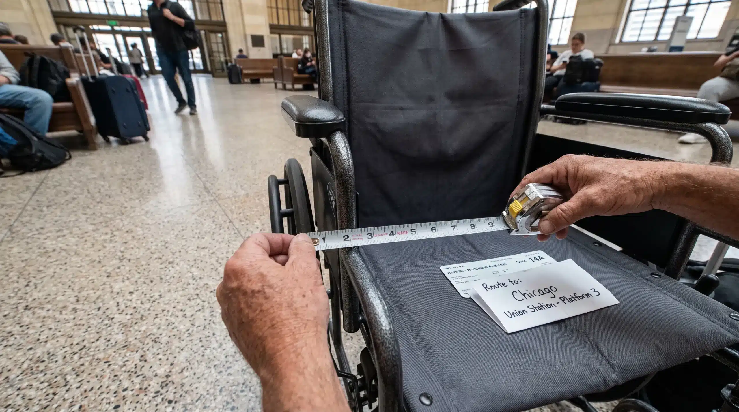 A traveller measures a wheelchair beside a rail ticket while preparing for a train journey through Japan.