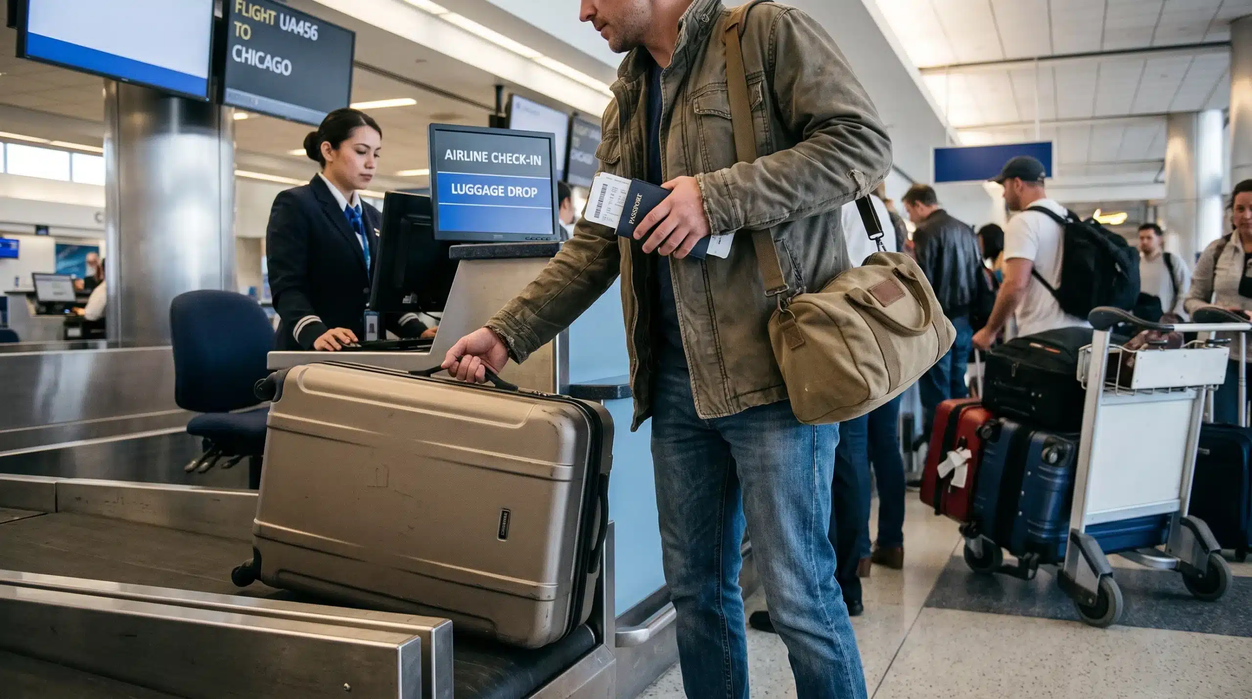 A traveller places a large suitcase on an airport delivery counter while keeping a small overnight bag and passport pouch close at hand.