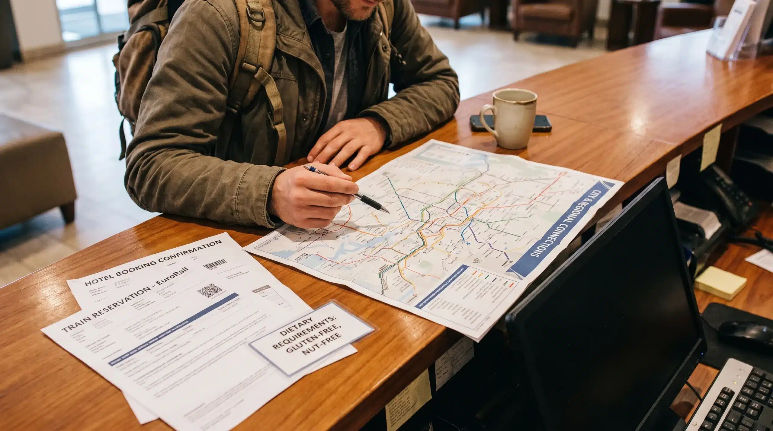 A traveller reviews a map of city and regional connections beside accommodation confirmations, train reservations and a dietary requirements card at a hotel desk.