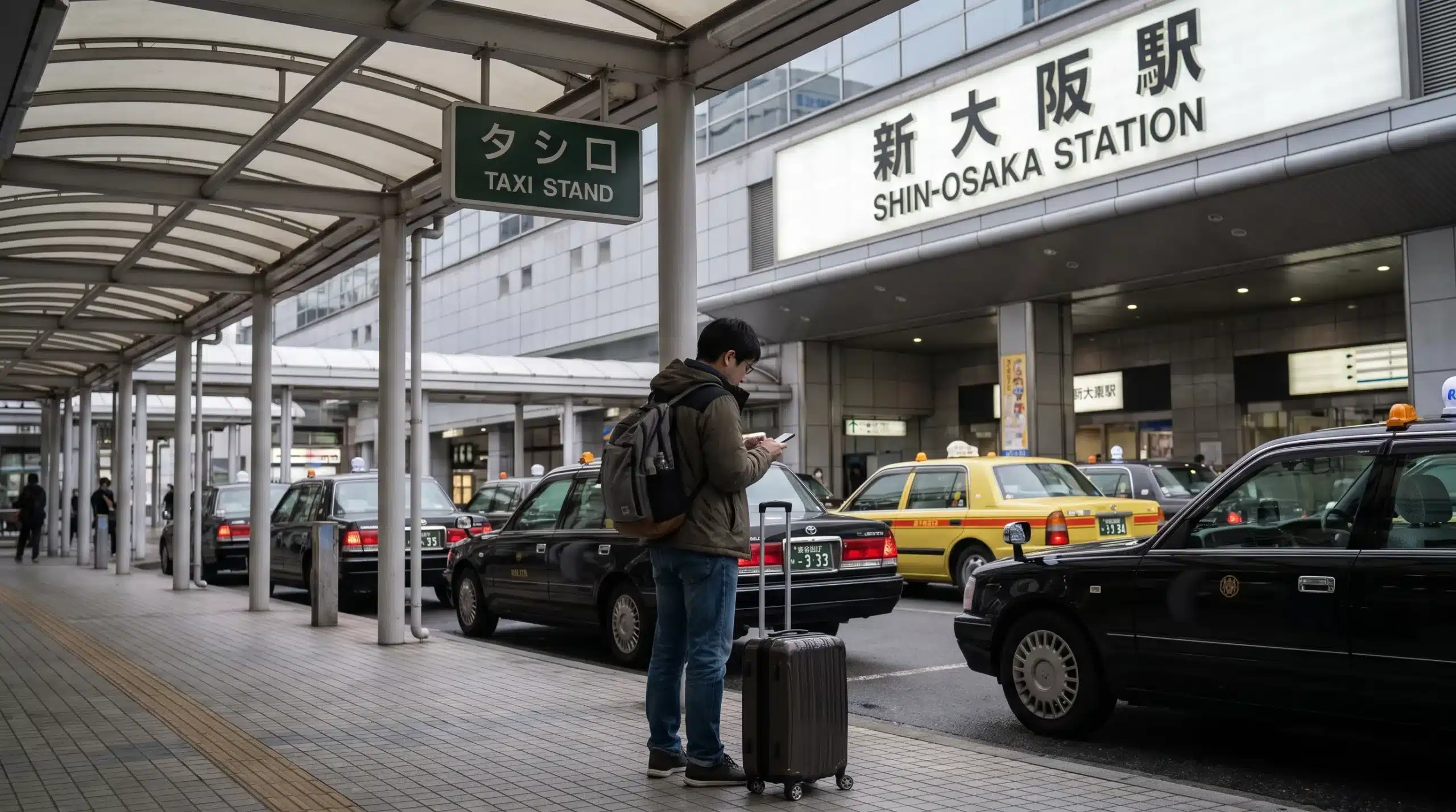A traveller with compact luggage checks the route outside Shin-Osaka Station, near the station entrance and taxi area.