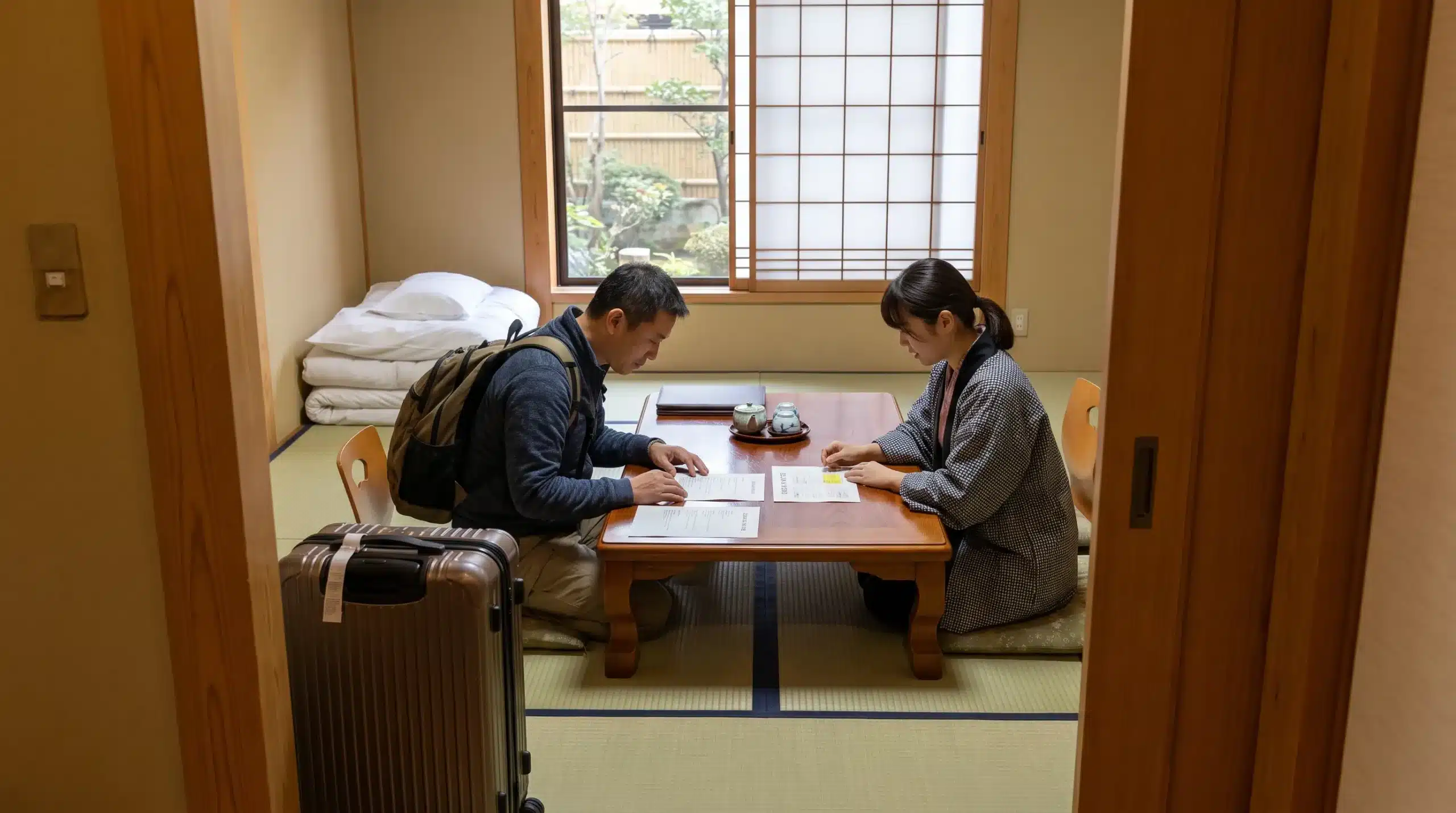 A visitor and helper review an accommodation notice and booking details in a Japanese room, clarifying a practical check-in issue.