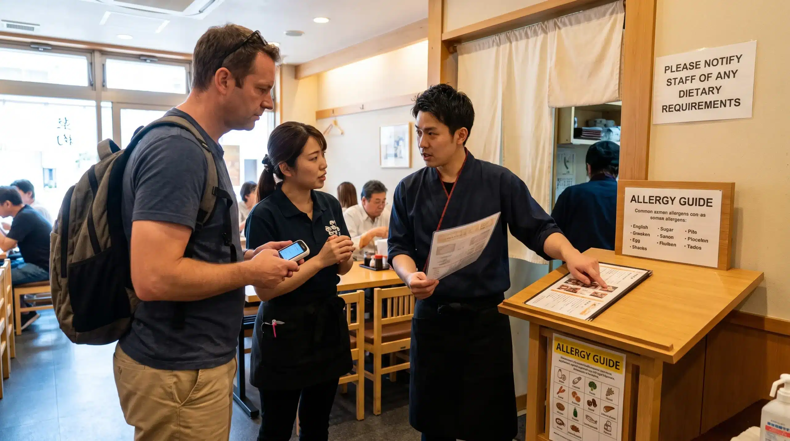 A visitor and local helper confirm a dietary requirement with restaurant staff before a meal in Japan.