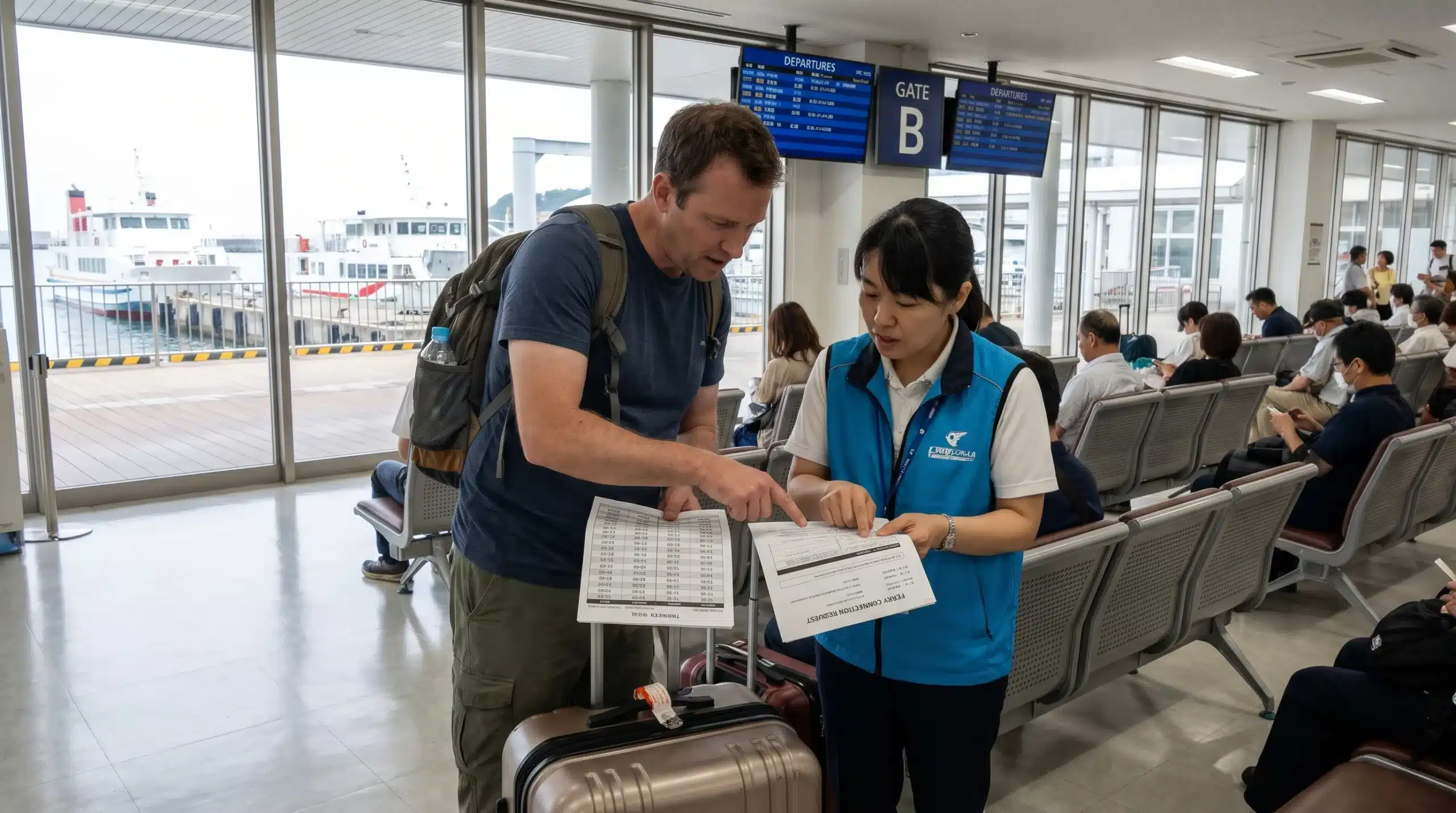 A visitor and local helper discuss a ferry connection in a Japanese port terminal while preparing practical travel support.