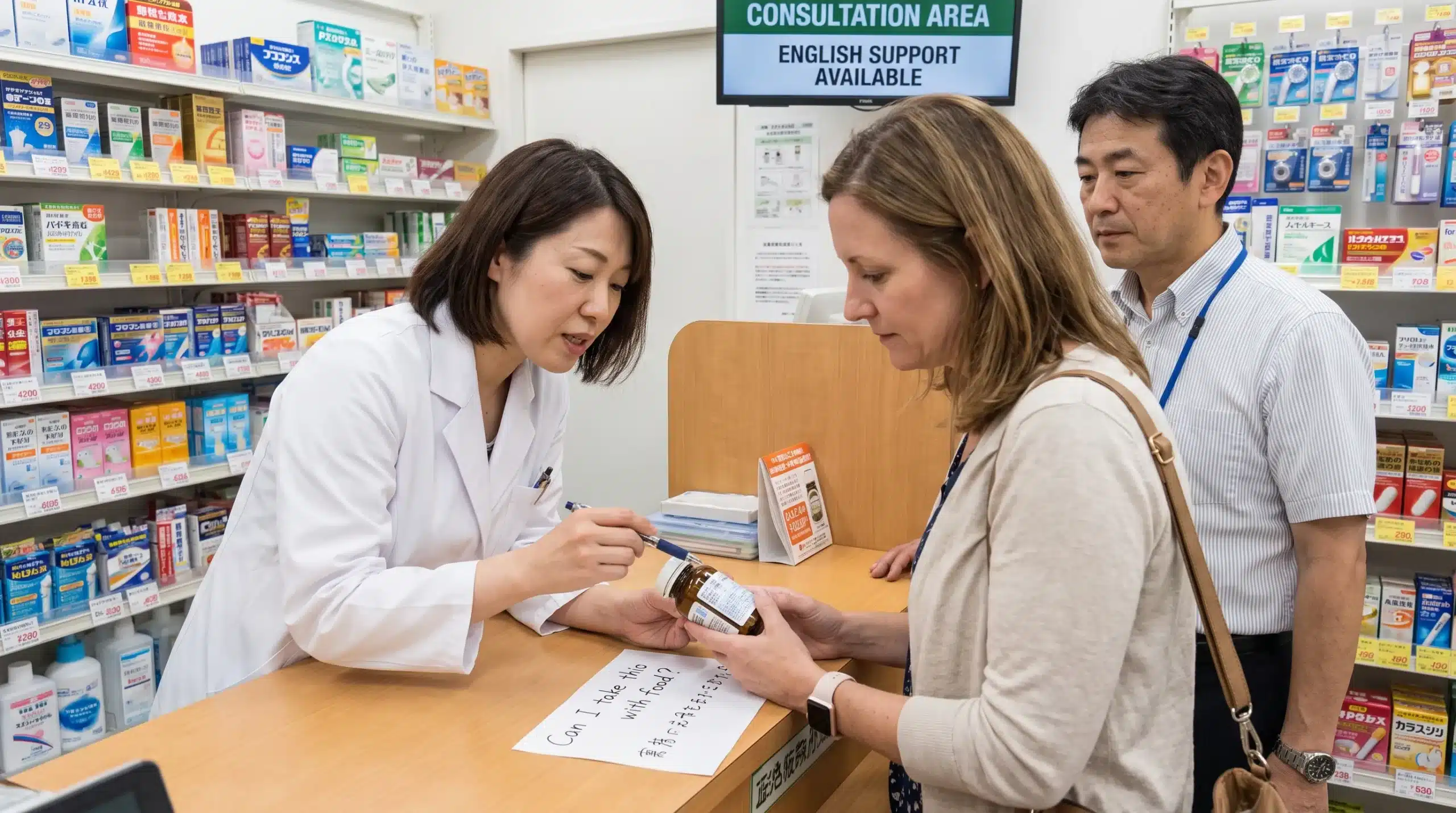 A visitor and local helper discuss a medicine label with a pharmacist, illustrating practical language support during an appointment-related task in Japan.