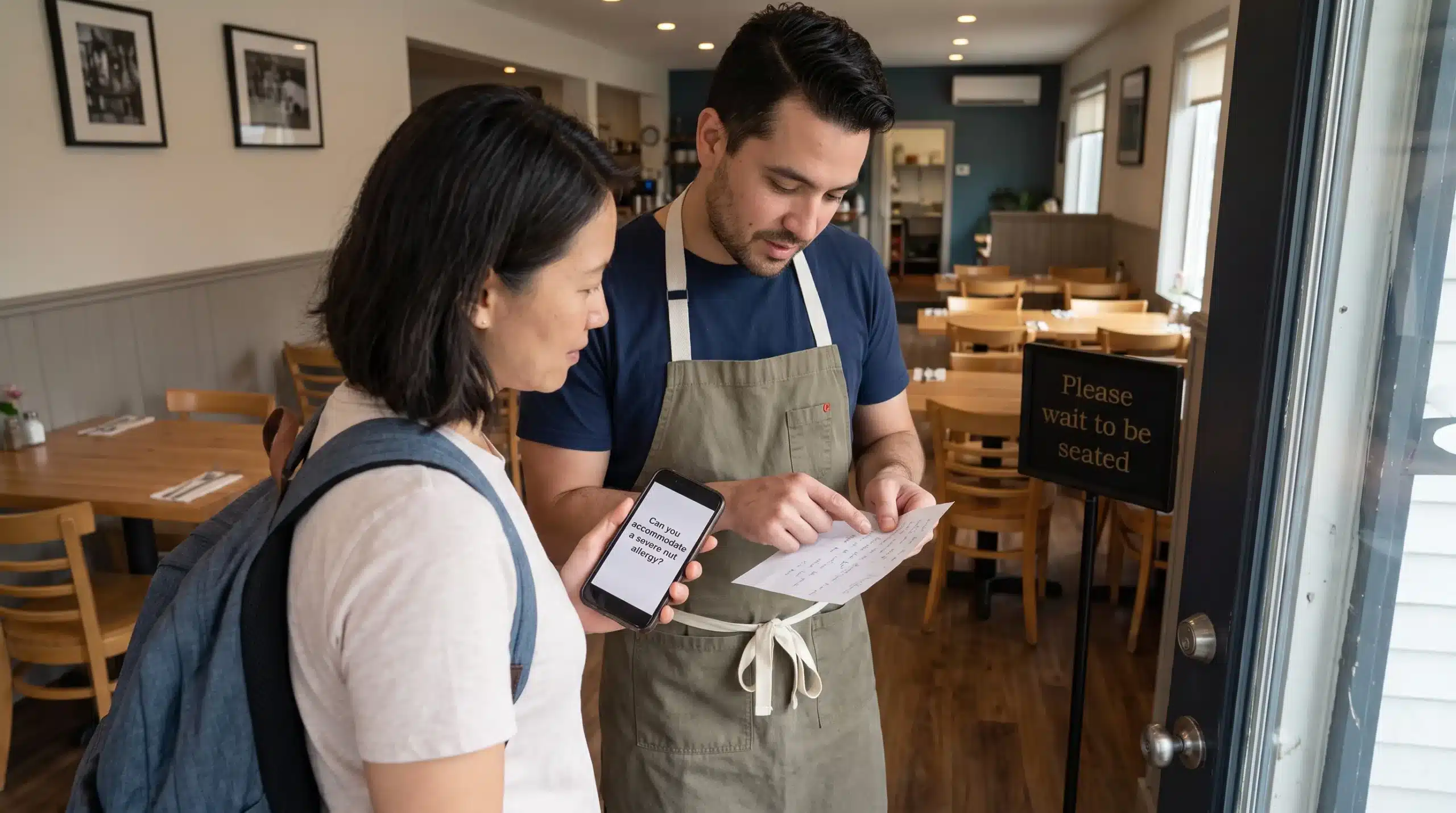 A visitor and restaurant staff member review an allergy note before a meal, one of the details to arrange when planning travel in Japan.