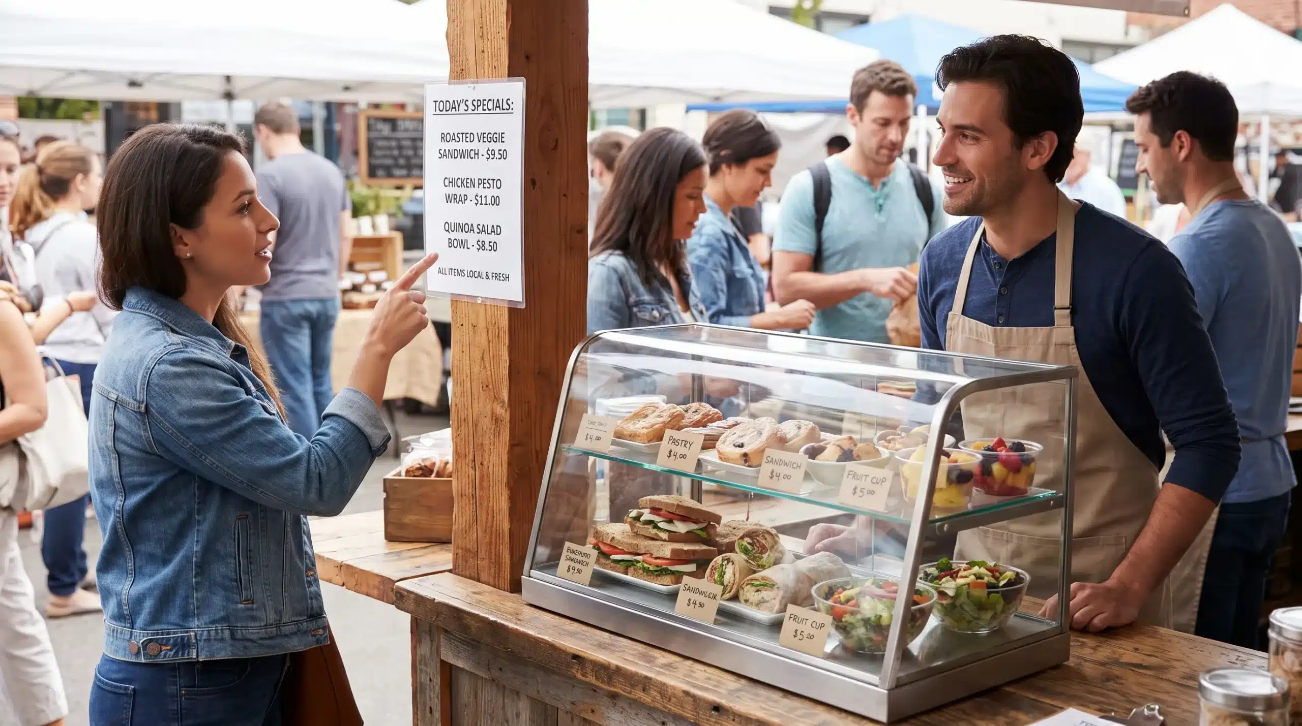 A visitor asks a Japanese market seller about a food item across a stall counter, with other shoppers browsing nearby.