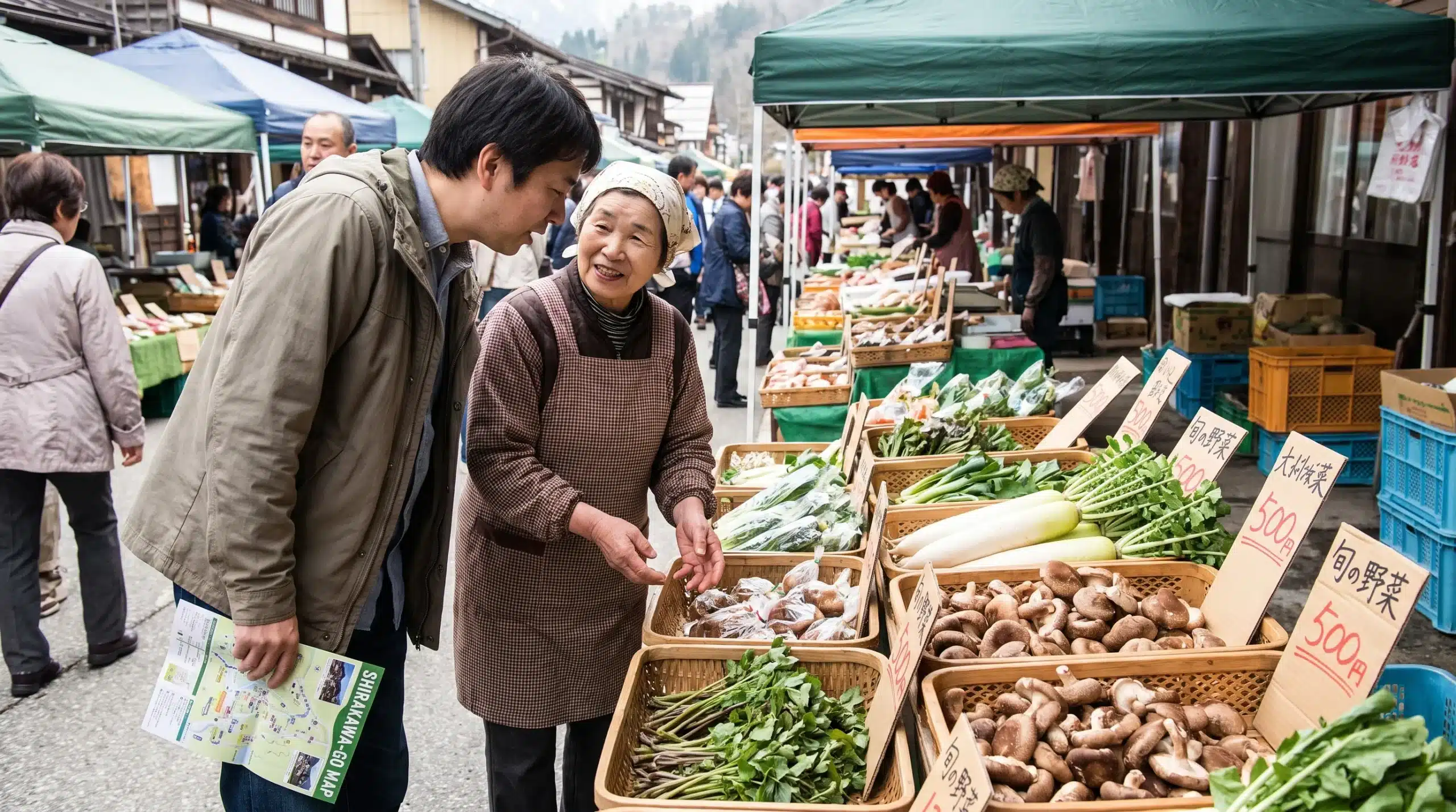 A visitor asks a market vendor about local produce at a regional market in Japan.