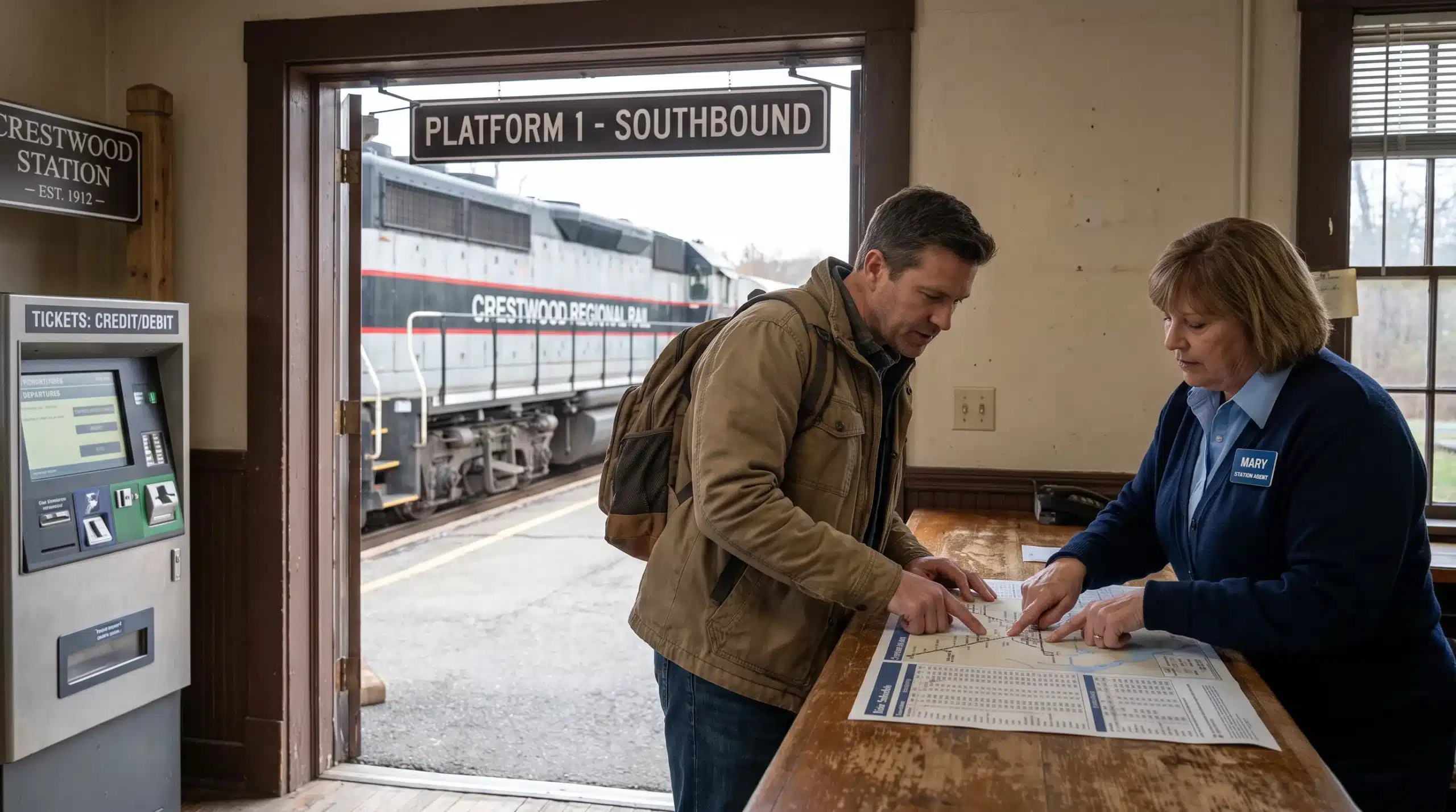 A visitor checks an onward route with a station employee at a regional Japanese railway station.