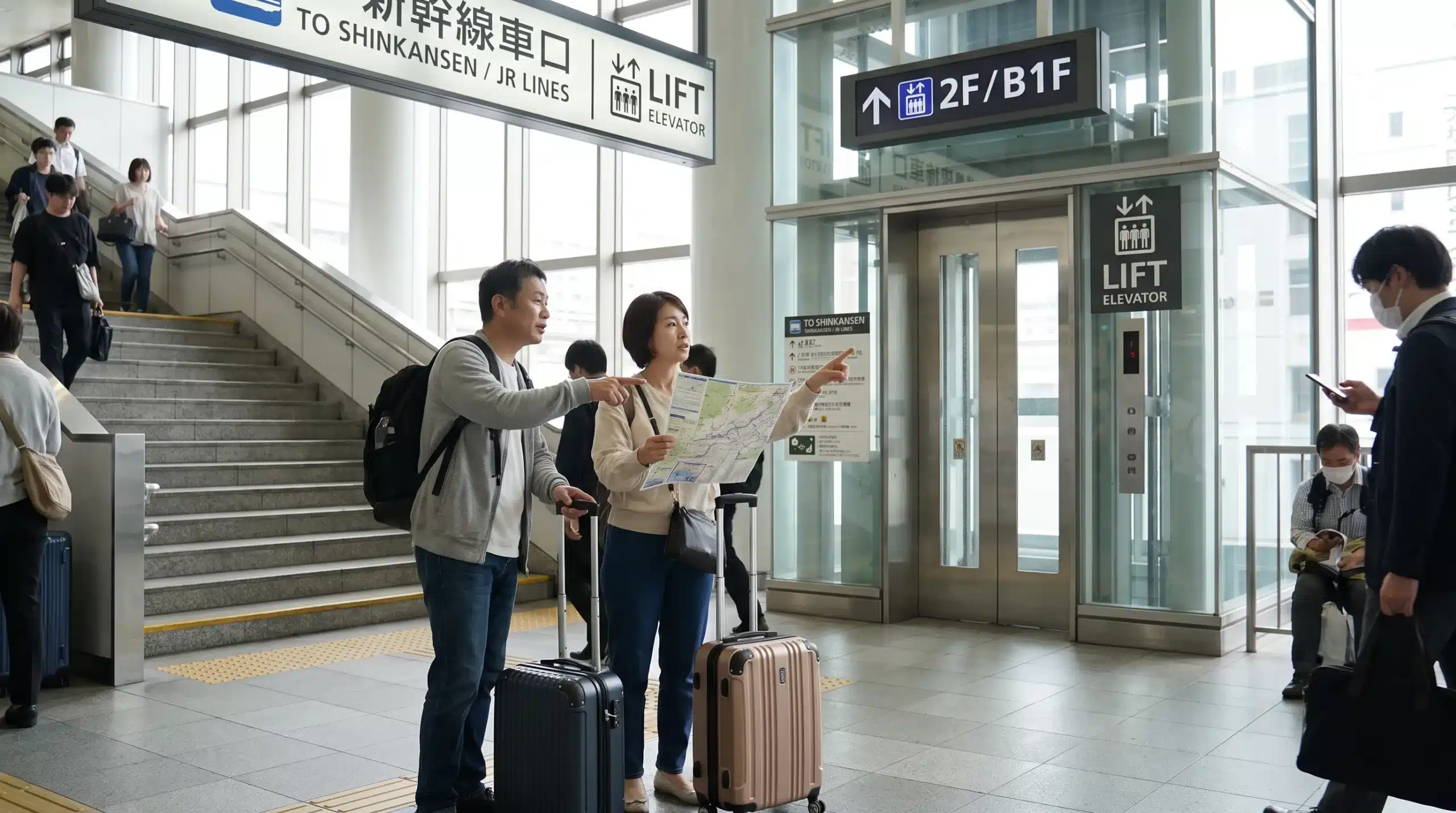 An adult parent and family member pause beside compact suitcases at a Japanese station, checking the route between stairs and a separate lift entrance.