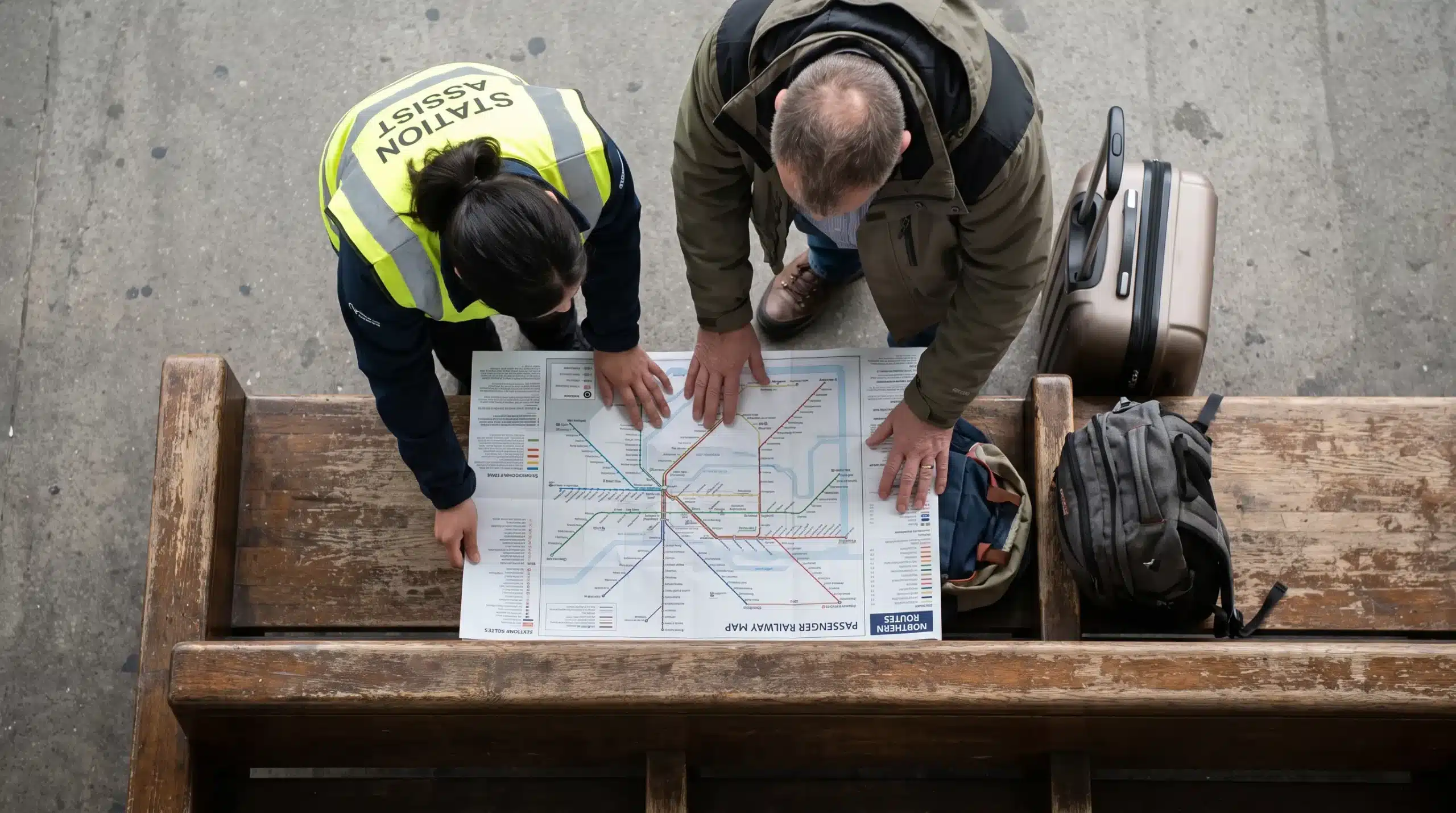 An overhead view of a bilingual helper and adult traveller consulting a printed railway map laid across a station bench, with their suitcases beside them.