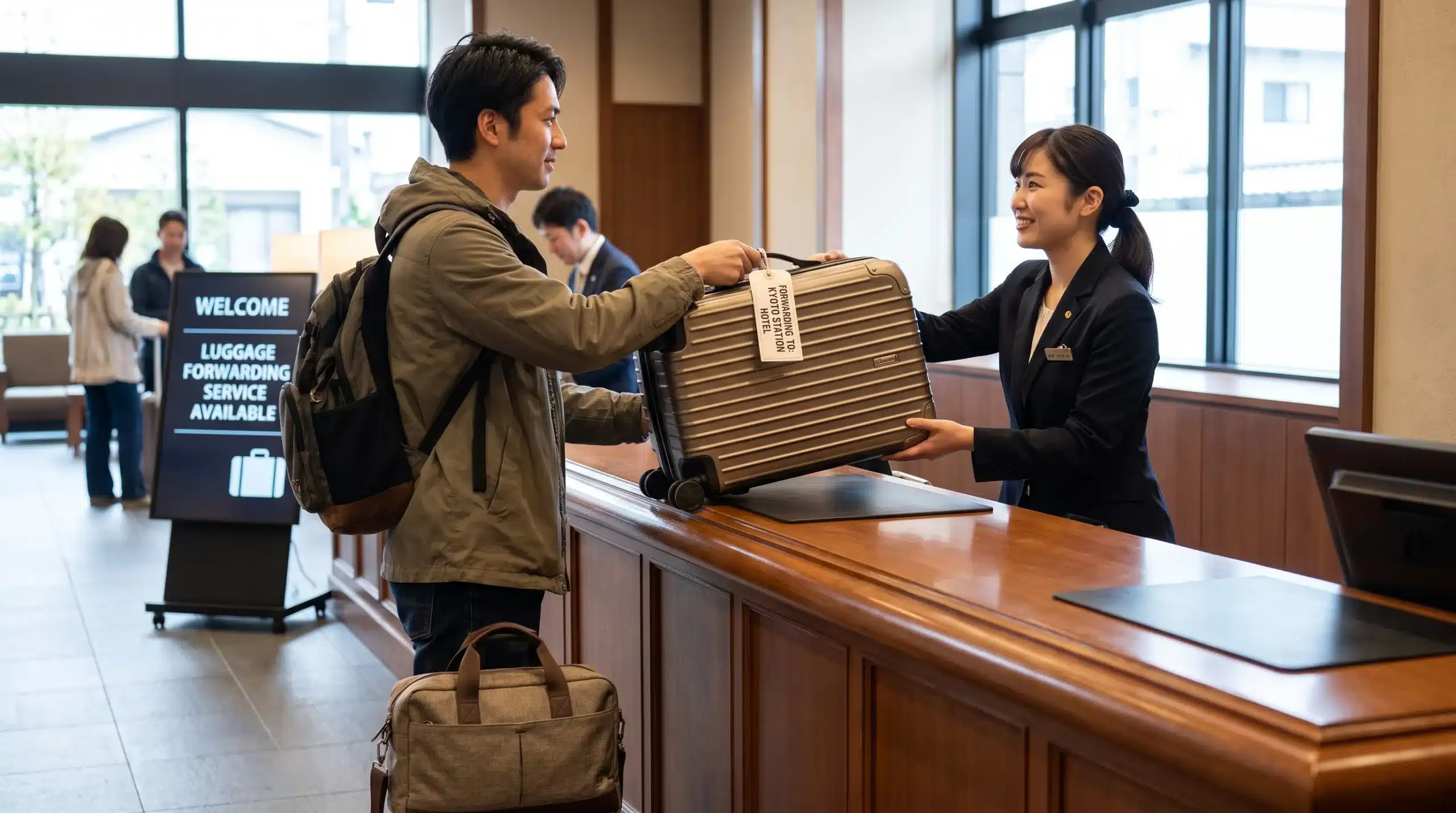 At a Japanese hotel reception, a traveller hands over a labelled suitcase for forwarding while keeping a small overnight bag beside them.