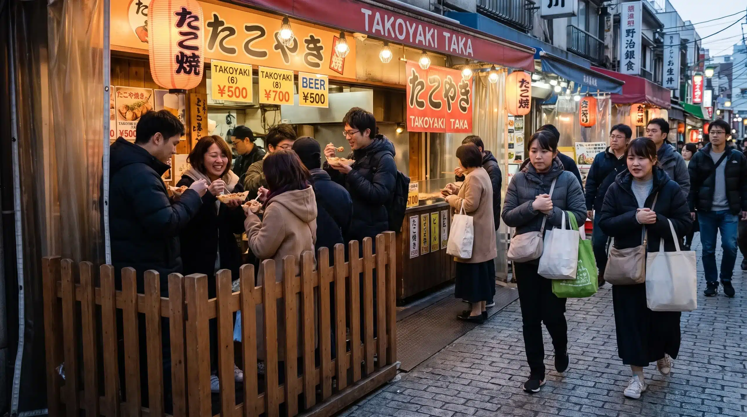 Customers eat beside a Japanese market stall in its designated standing area while other shoppers pass through the clear lane, their bags held close.
